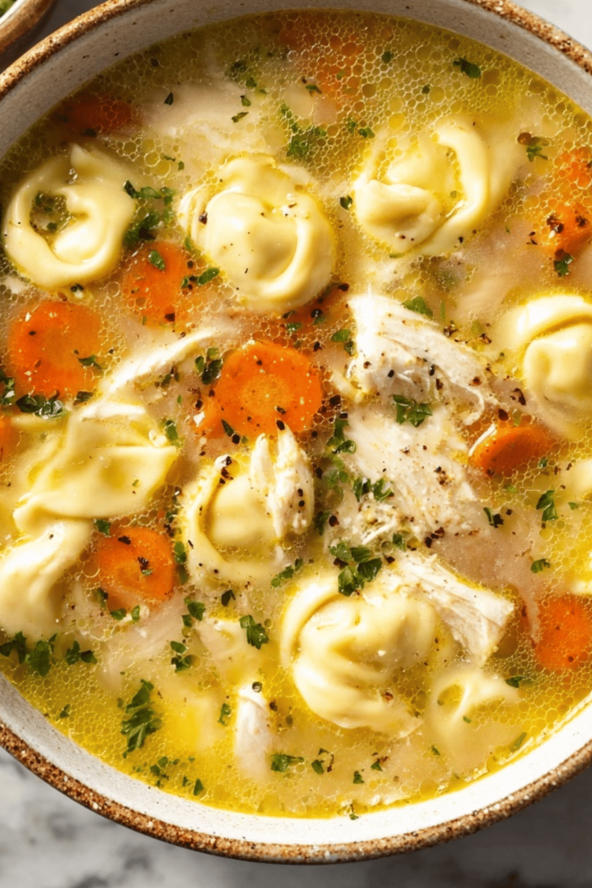 bowl of chicken tortellini soup with vegetables and herbs