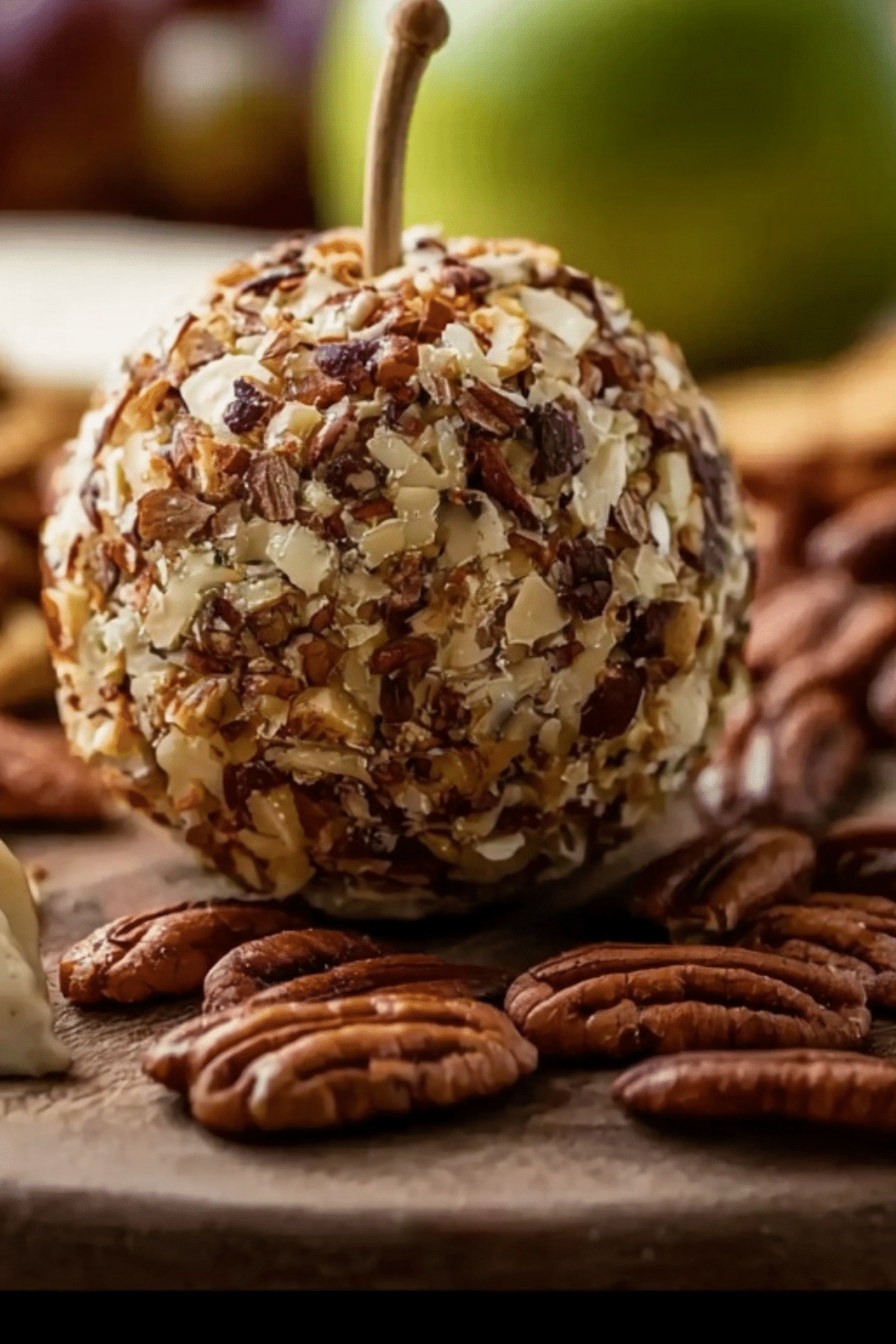 Acorn Cheeseball with pecans and pretzel stick, a perfect fall appetizer