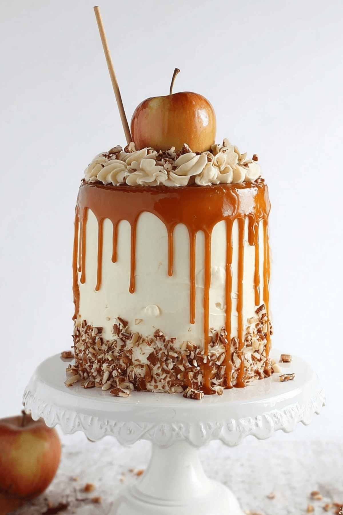 Caramel Apple Cake with salted caramel drip and apple topper