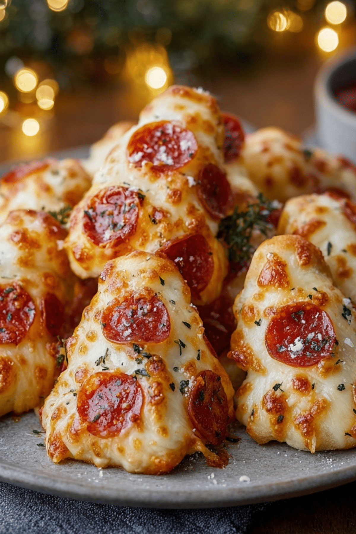 Christmas Pizza Bites on a baking tray, ready to serve