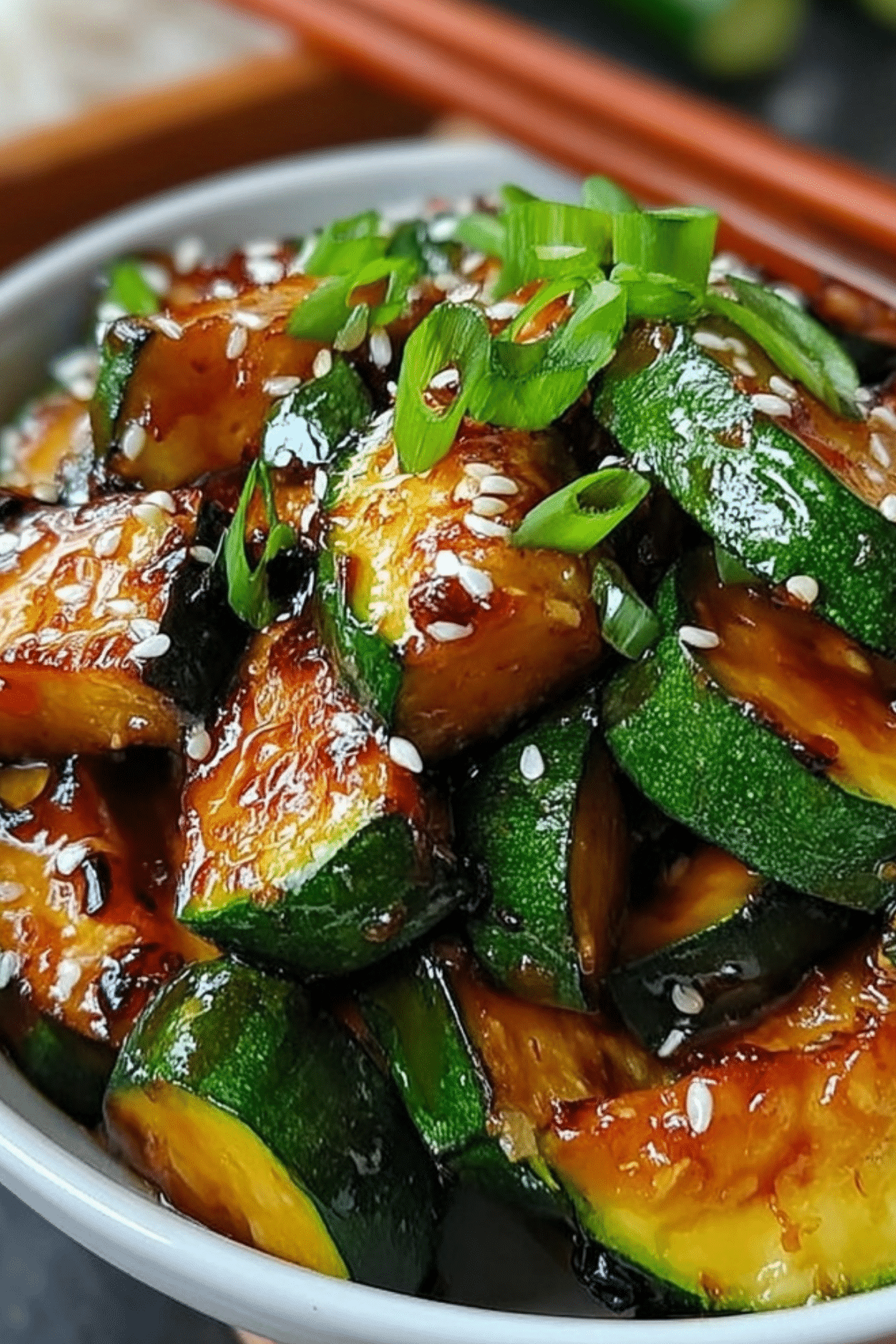 Hibachi Zucchini in skillet with sesame soy glaze