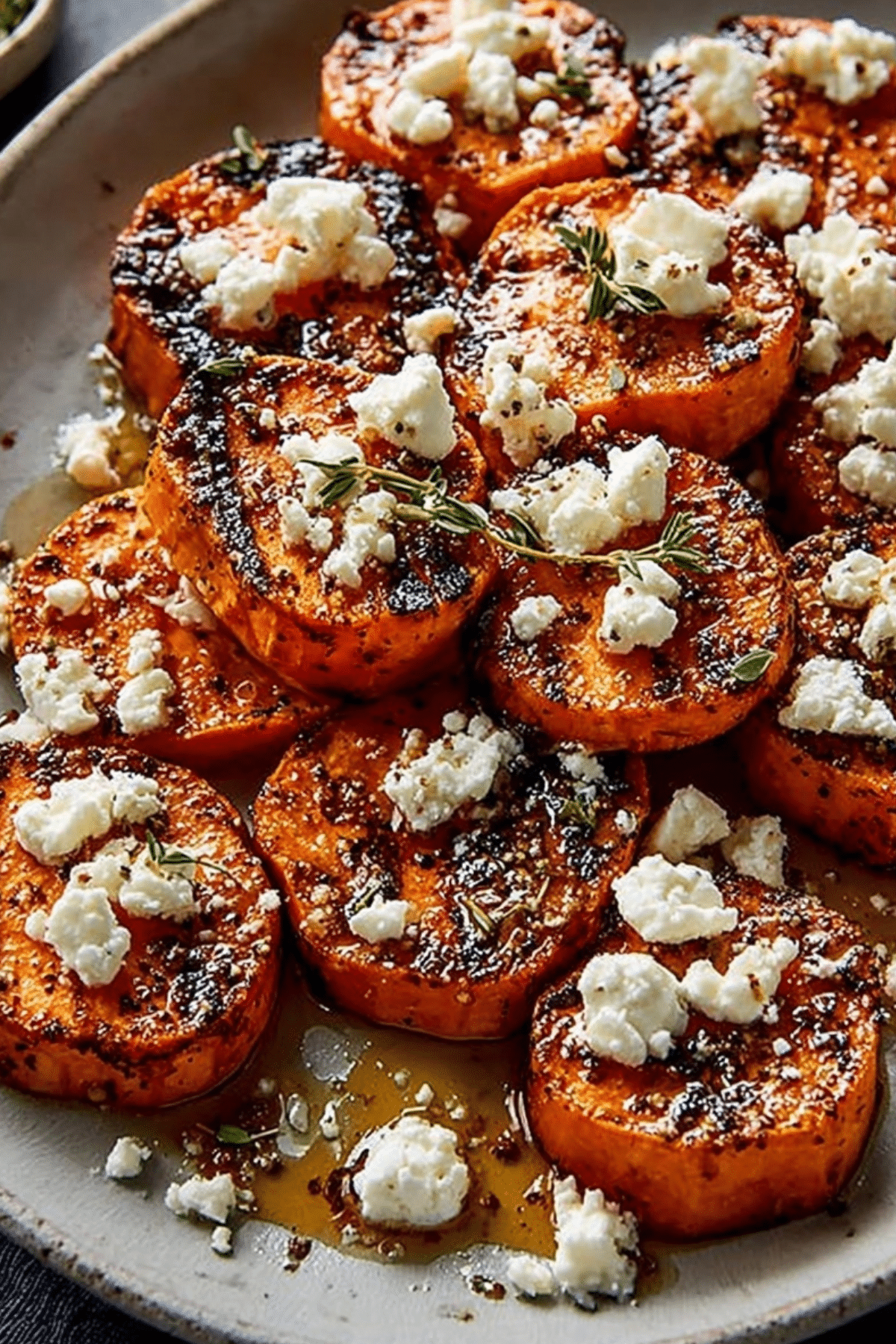 Honey Feta Sweet Potato Rounds with honey drizzle and feta