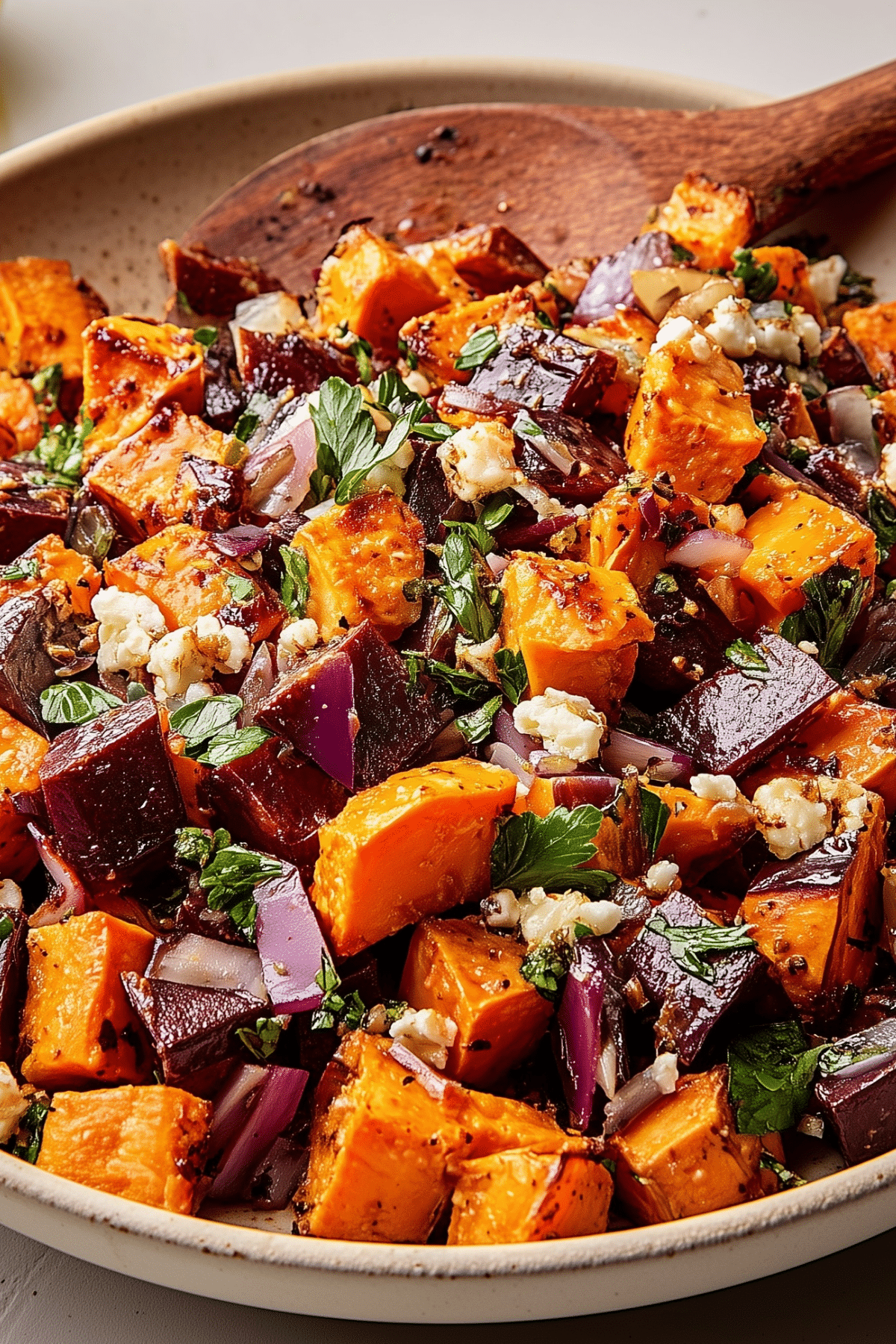 Irresistible roasted sweet potato salad with spinach, feta, and pecans