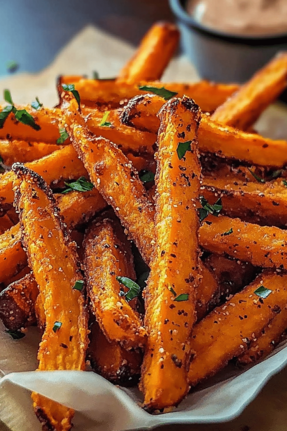 Crispy oven baked sweet potato fries on a baking sheet