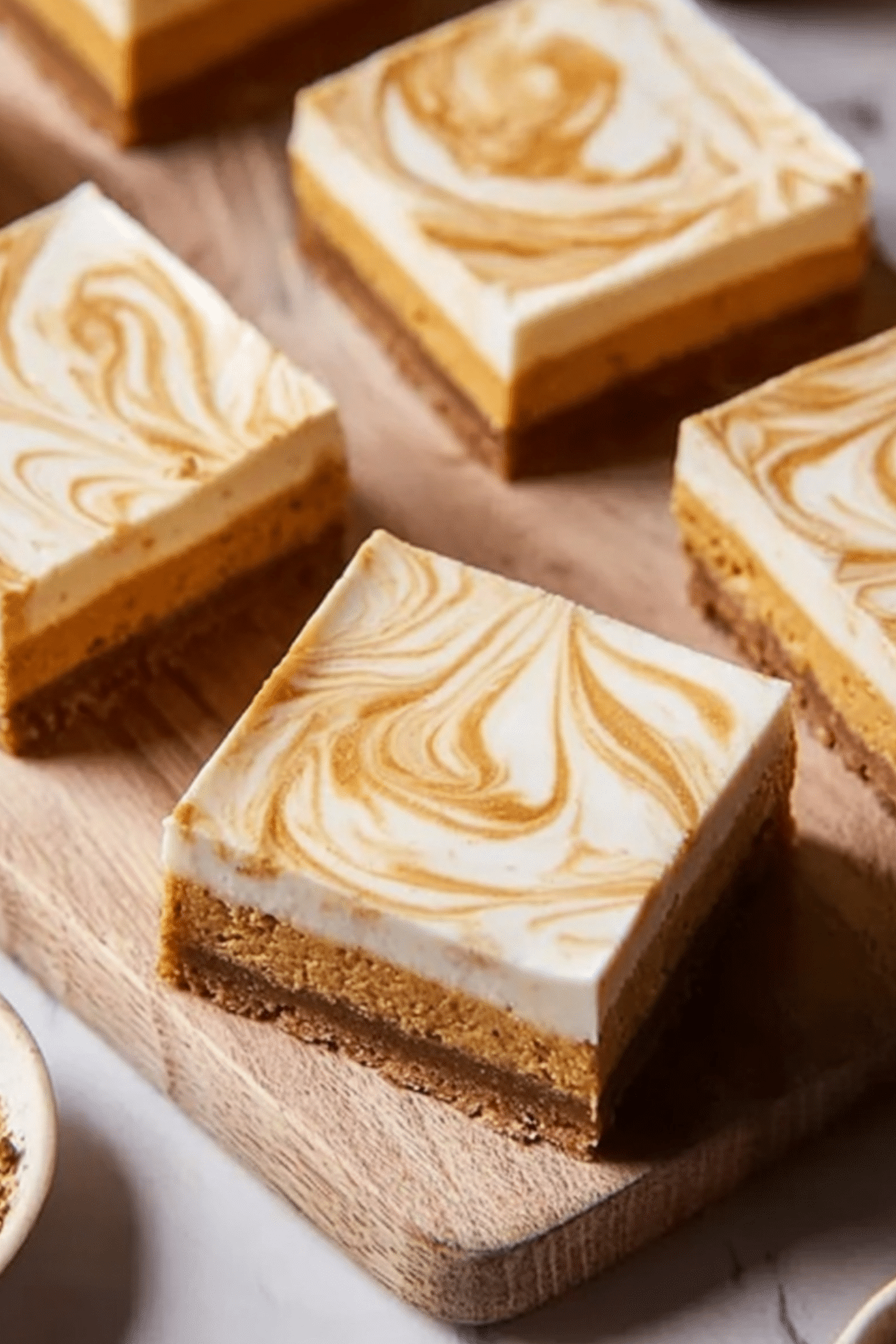 Pumpkin Spice Cheesecake Bars served on a plate with whipped cream