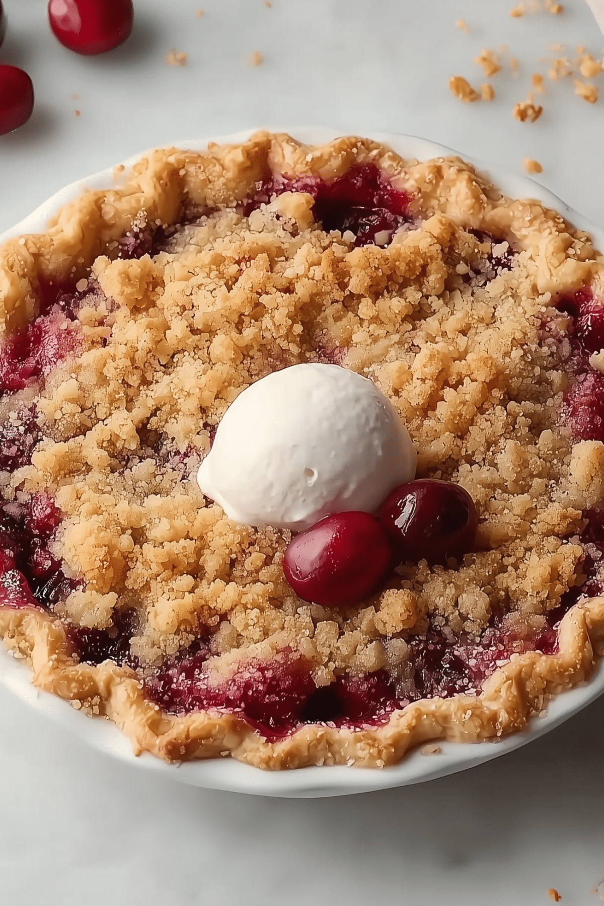 flaky cherry crumb pie with buttery oat topping