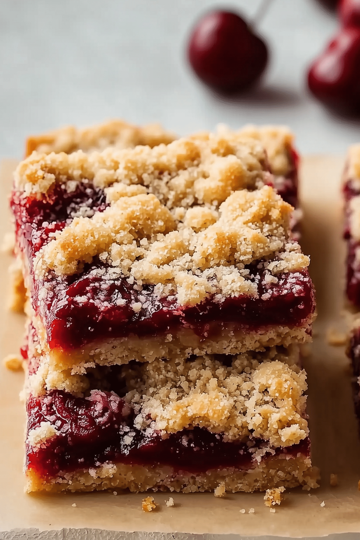 Cherry Crumble Bars with a buttery crumble topping and sweet cherry filling