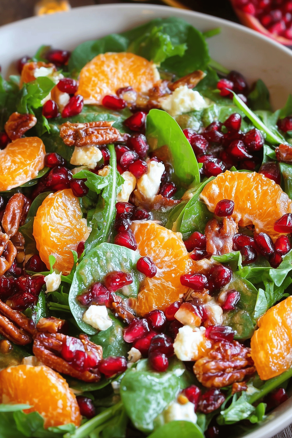 Christmas Salad with pecans, mandarins, pomegranate, and goat cheese