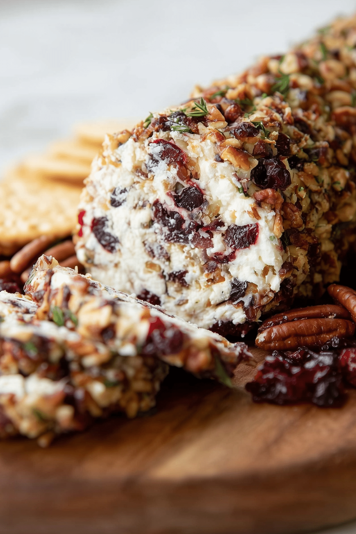 Cranberry Pecan Cheese Log on serving board with crackers