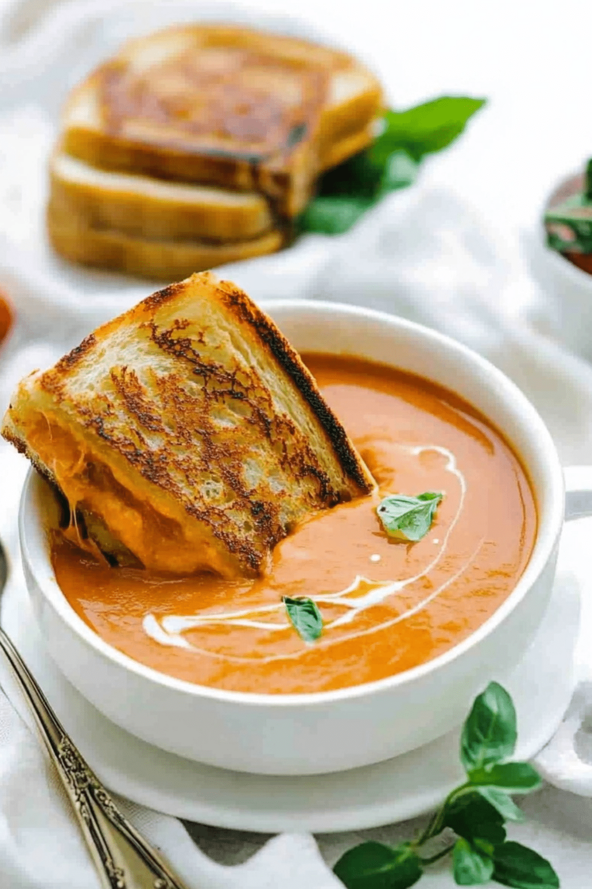 Creamy tomato soup served in a bowl with herbs and bread