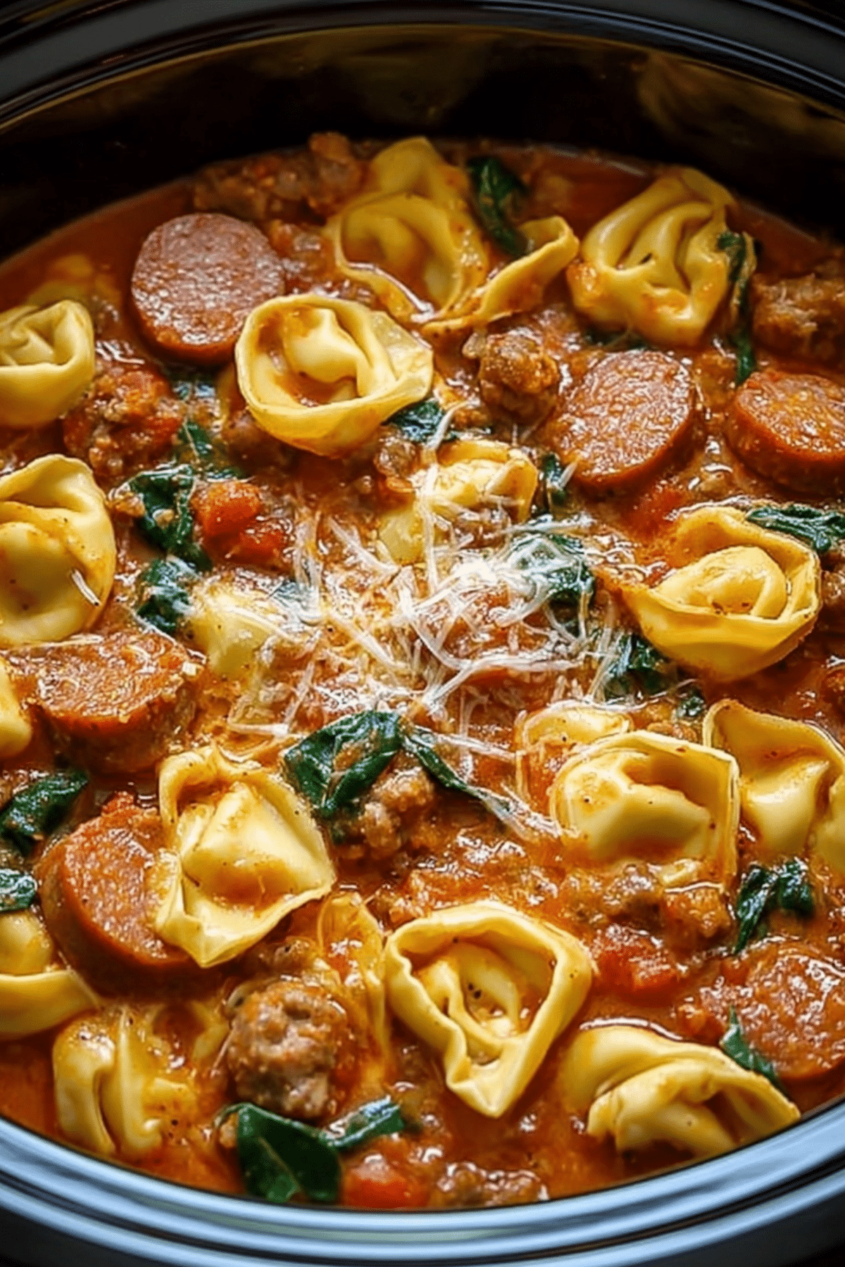 Crockpot Cheese Tortellini and Sausage creamy comfort food recipe