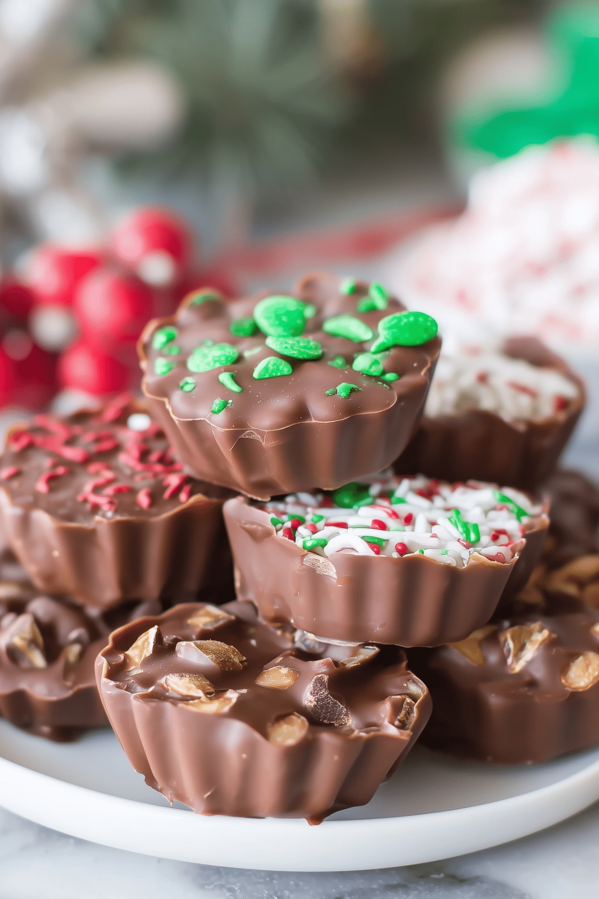 Crockpot Christmas Candy made with chocolate, peanuts, and candy-coated treats.