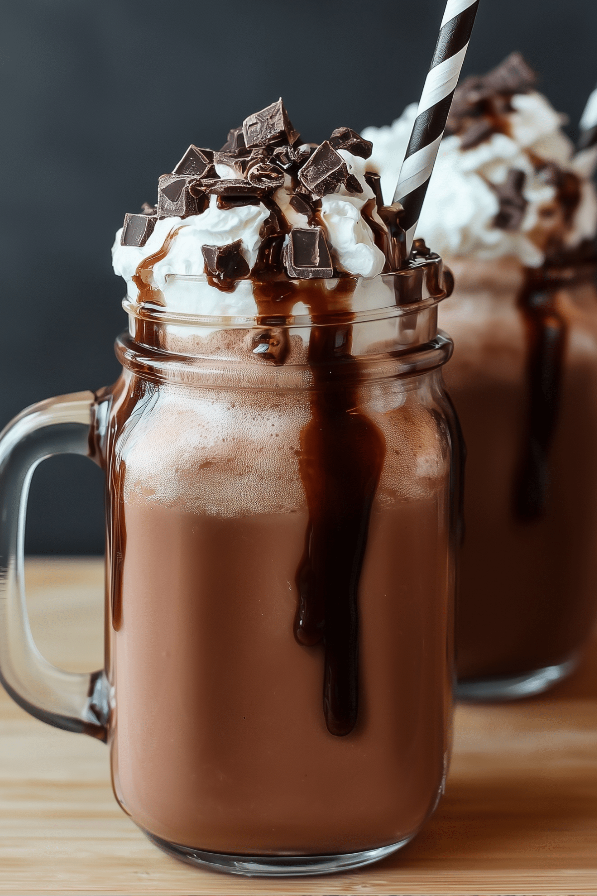 Frozen Hot Chocolate recipe with whipped cream and chocolate drizzle