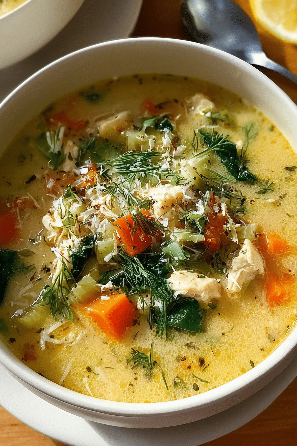 bowl of Greek Lemon Chicken Soup with lemon slices and dill