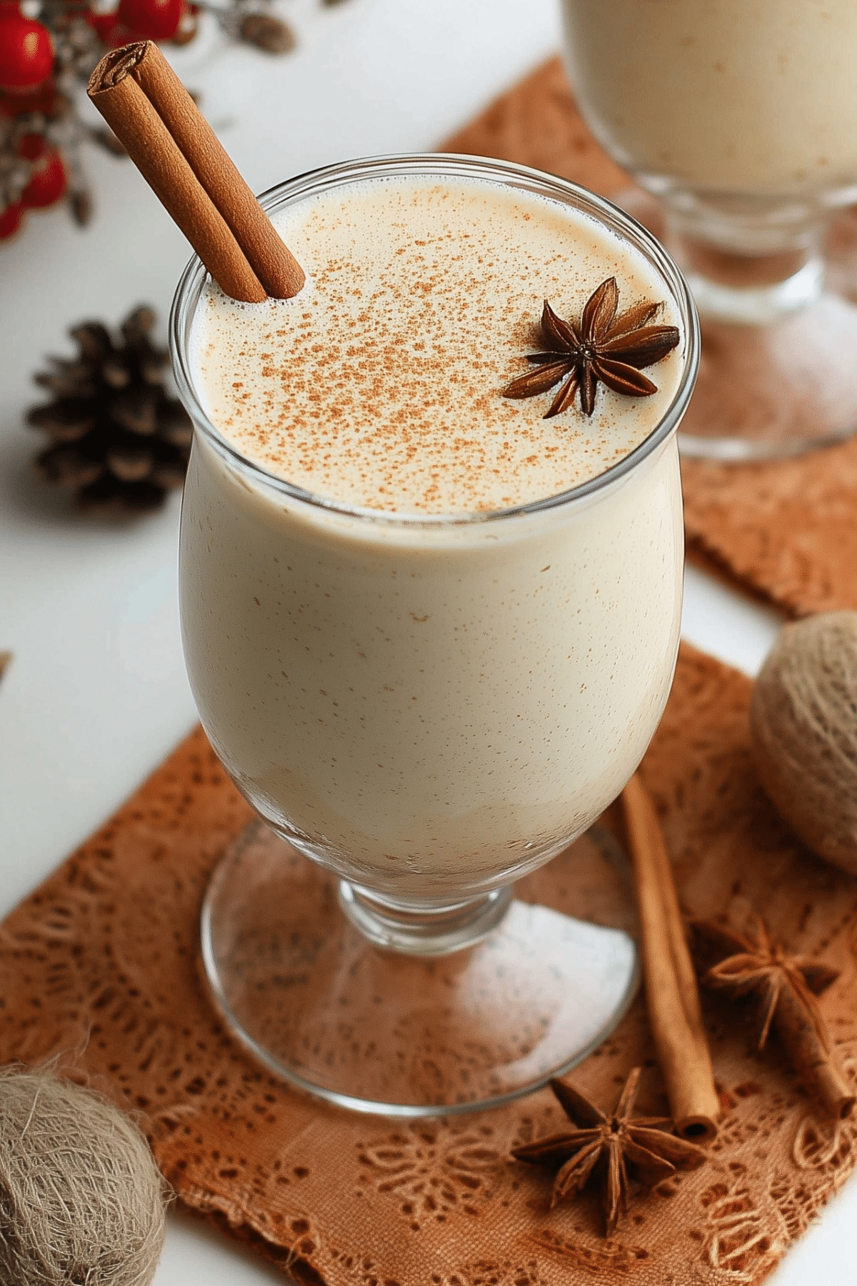 Glass of creamy homemade eggnog with cinnamon and nutmeg