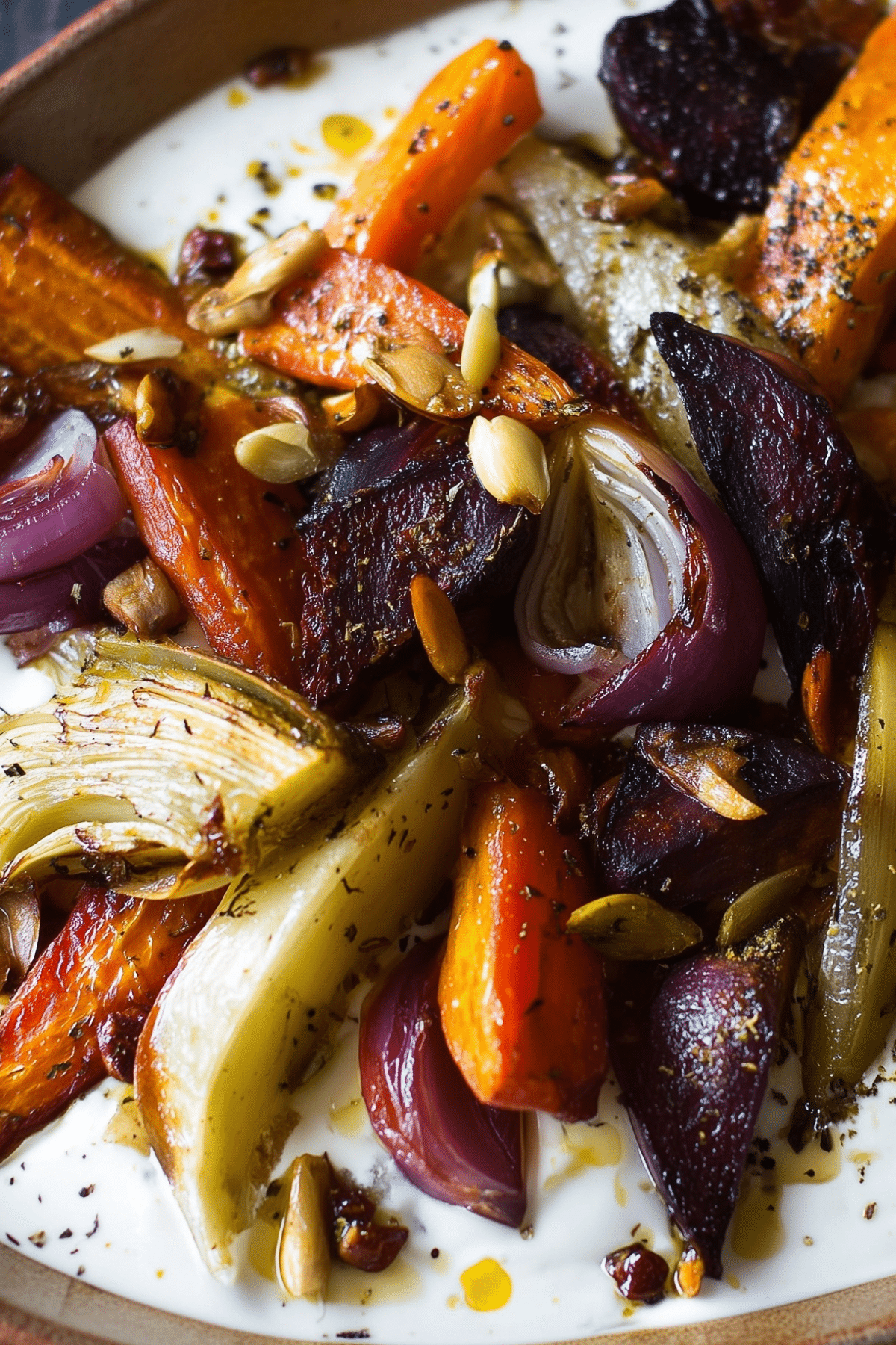 Honey Roasted Winter Vegetables with Black Pepper Yogurt - roasted vegetables with creamy sauce