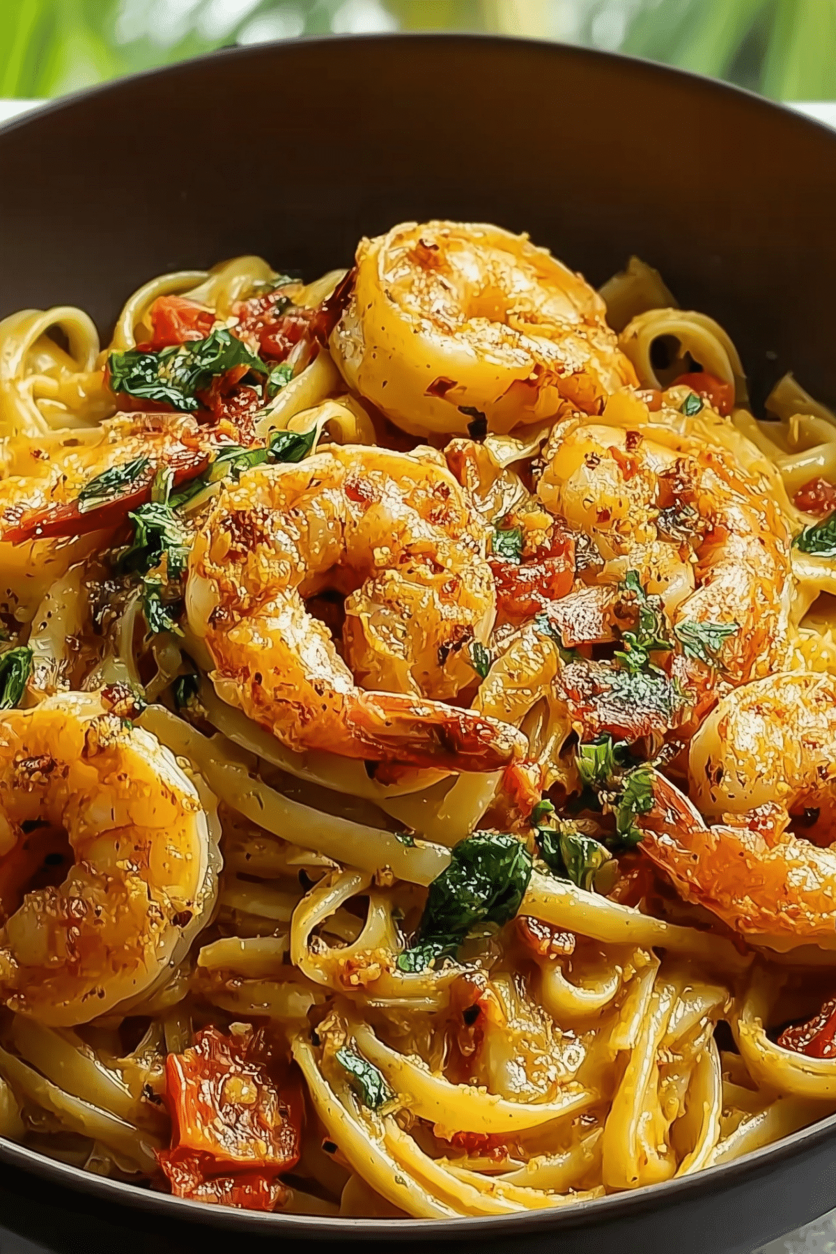 Jamaican Shrimp Pasta served in a bowl with vibrant colors and creamy coconut sauce