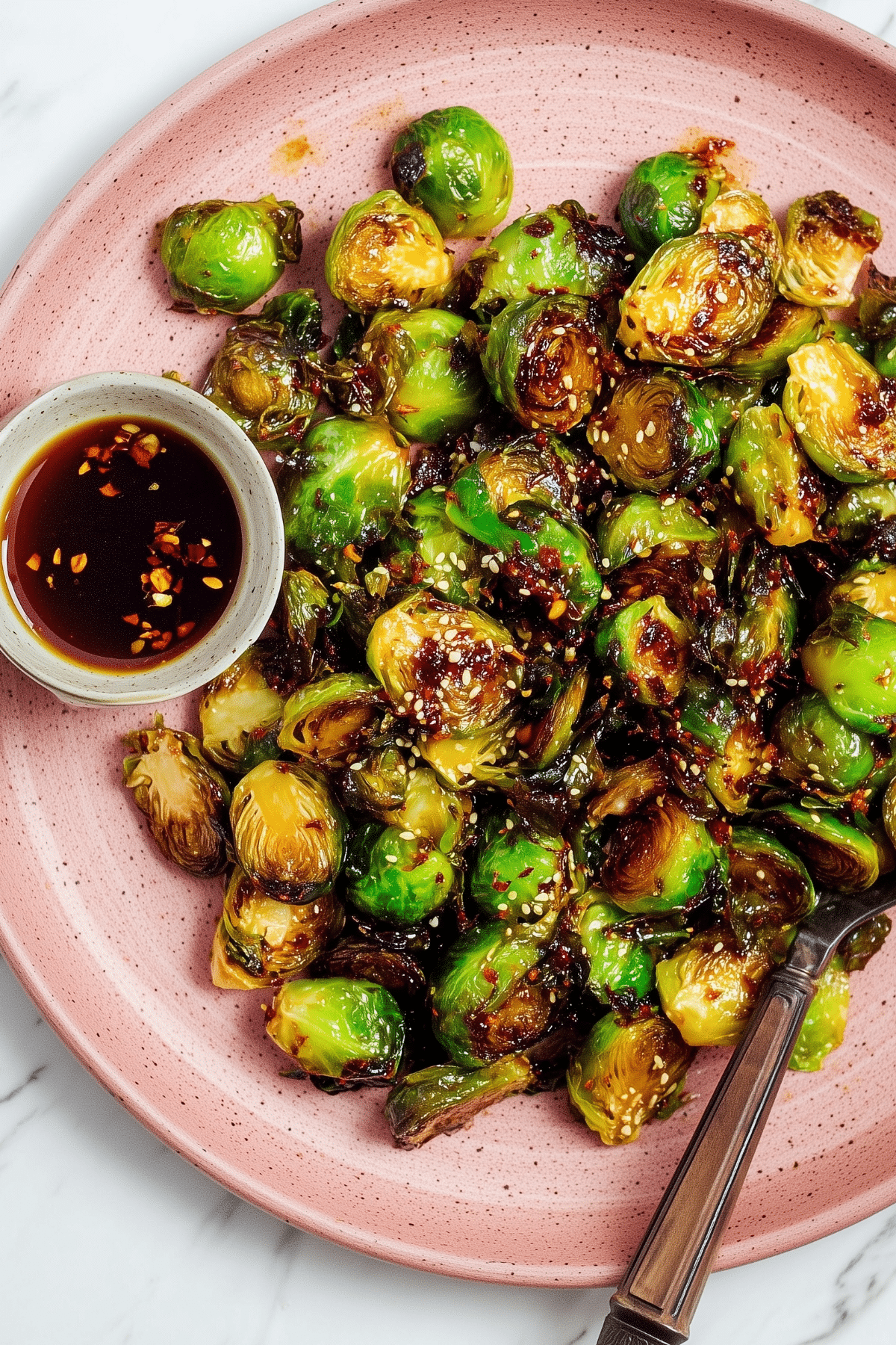 Maple Soy Glazed Brussel Sprouts recipe with crispy texture and healthy glaze