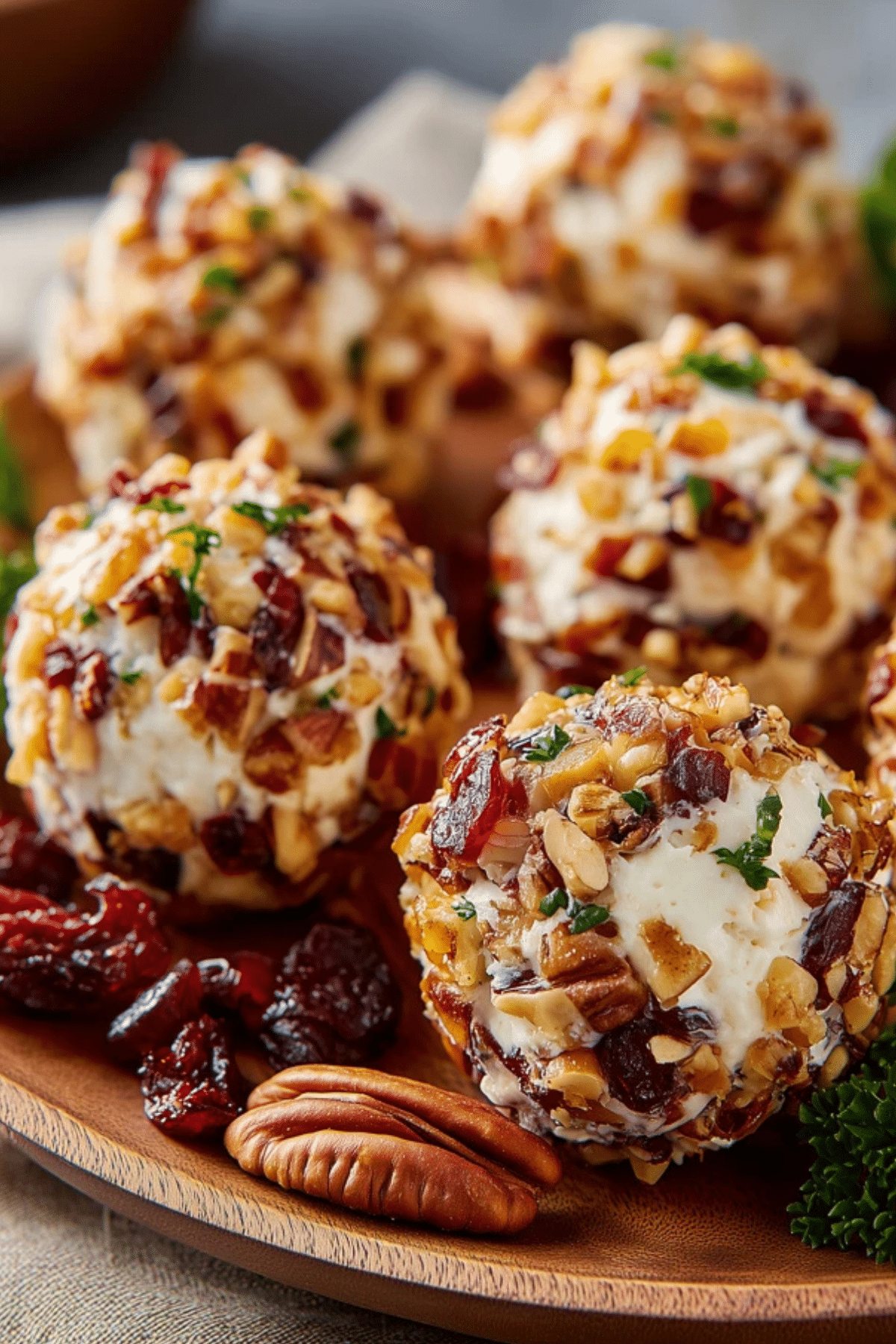 Mini Cranberry Pecan Cheese Balls plated on a festive platter