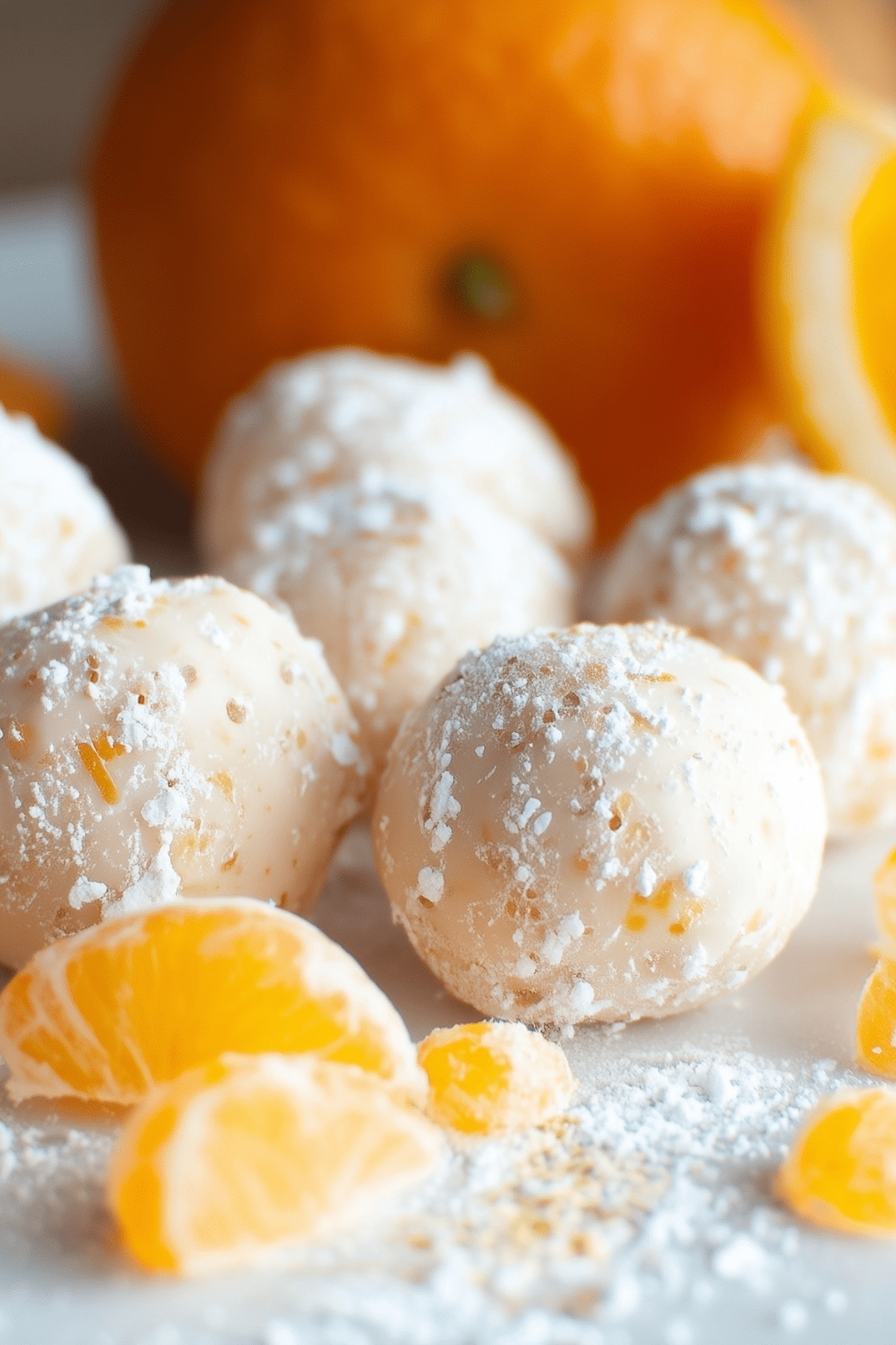 Orange Creamsicle Truffles on a plate coated in powdered sugar
