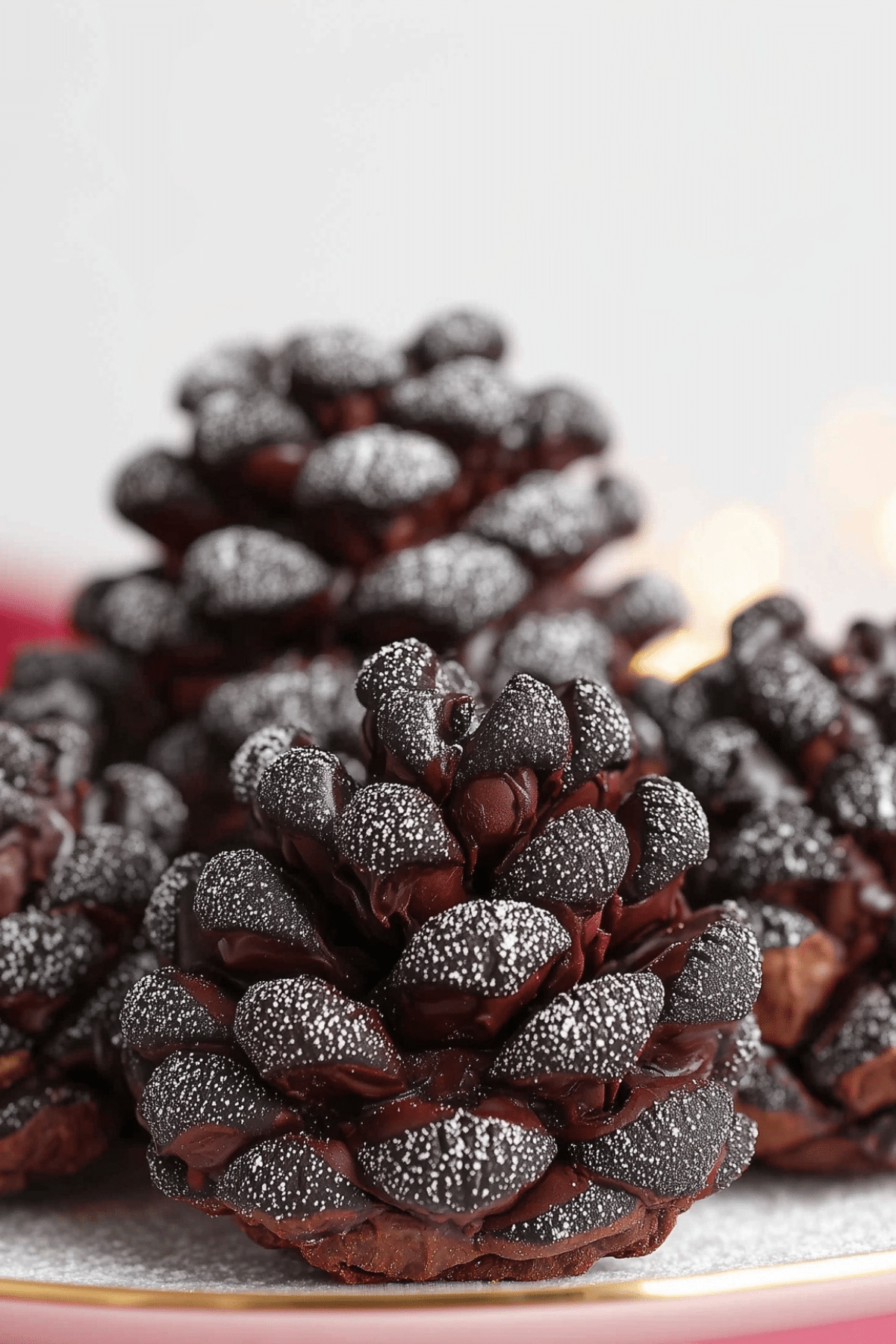 snowy Oreo Pinecones on festive holiday plate