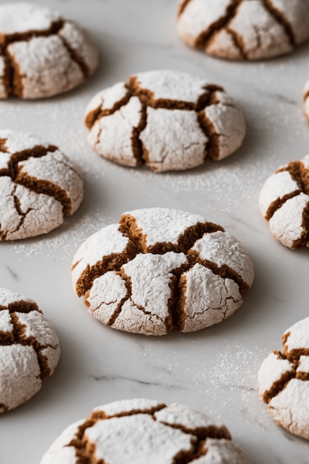 Soft and Spiced Gingerbread Crinkle Cookies dusted with powdered sugar