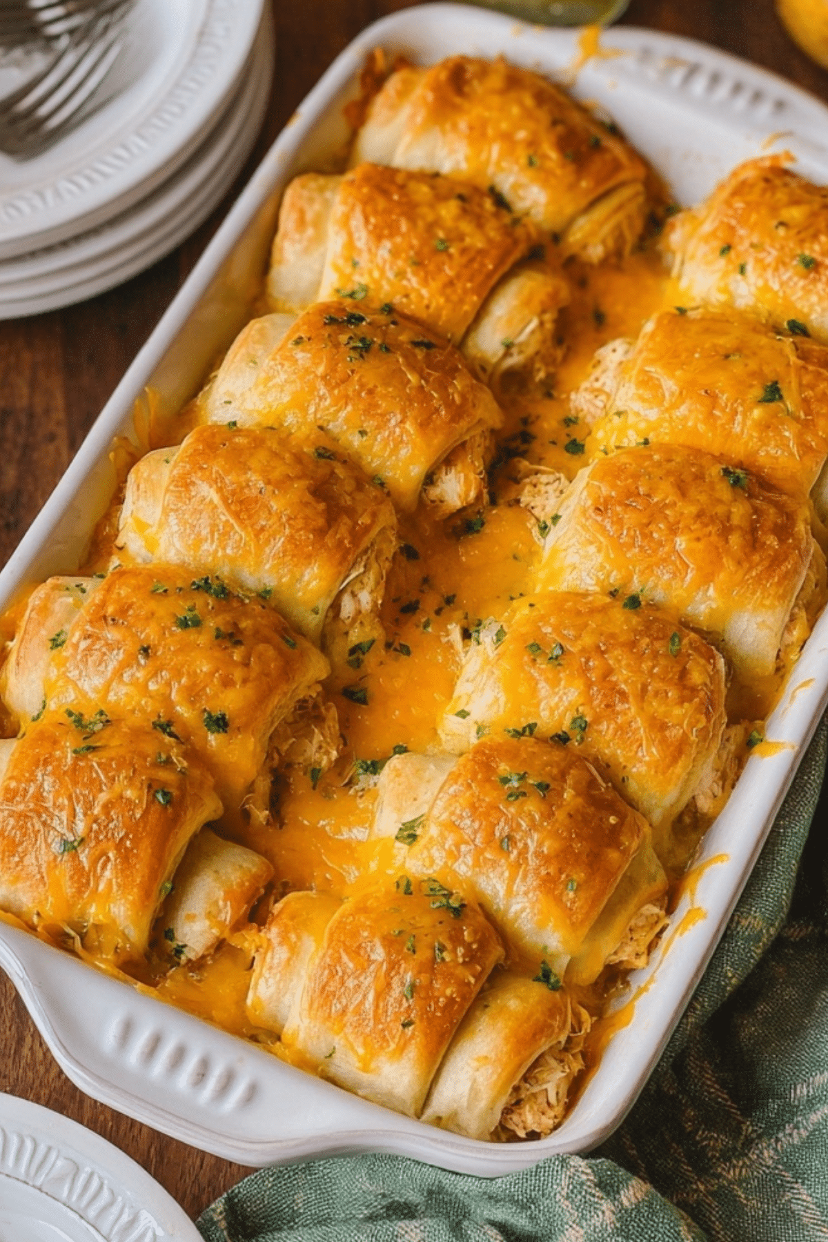 Cheesy Chicken Crescent Rolls baked in a casserole dish