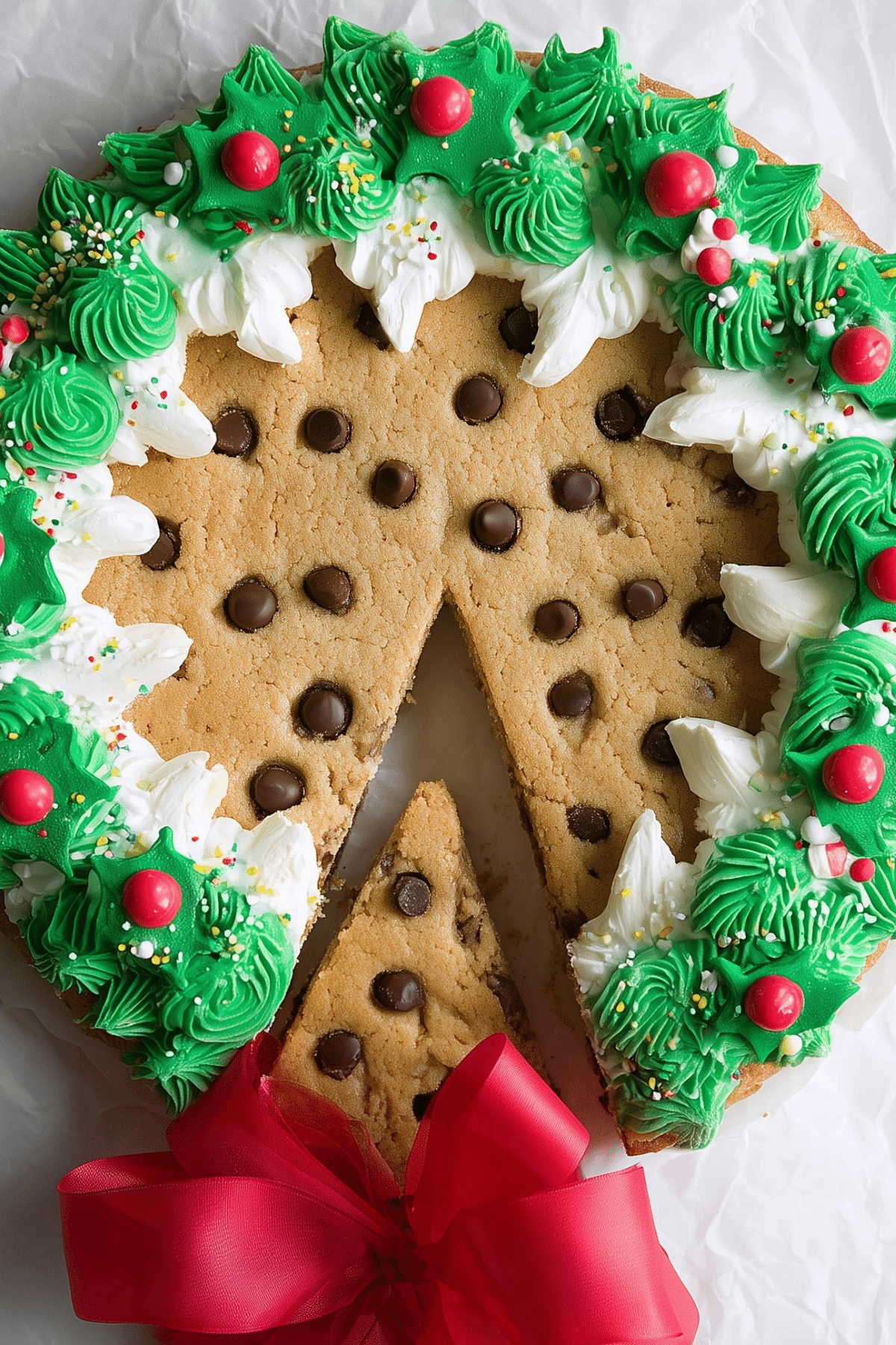 Decorated Christmas Cookie Cake with buttercream wreath and sprinkles