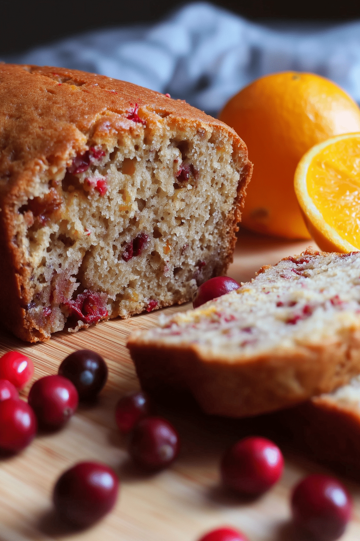 Cranberry Orange Bread loaf with a fresh orange and cranberries