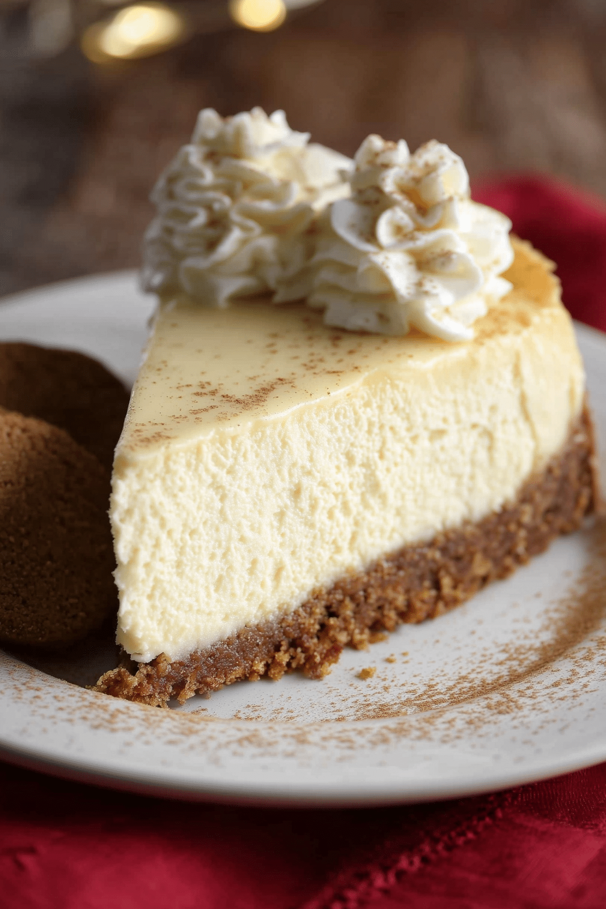 Eggnog Cheesecake with Gingersnap Crust, a festive holiday dessert