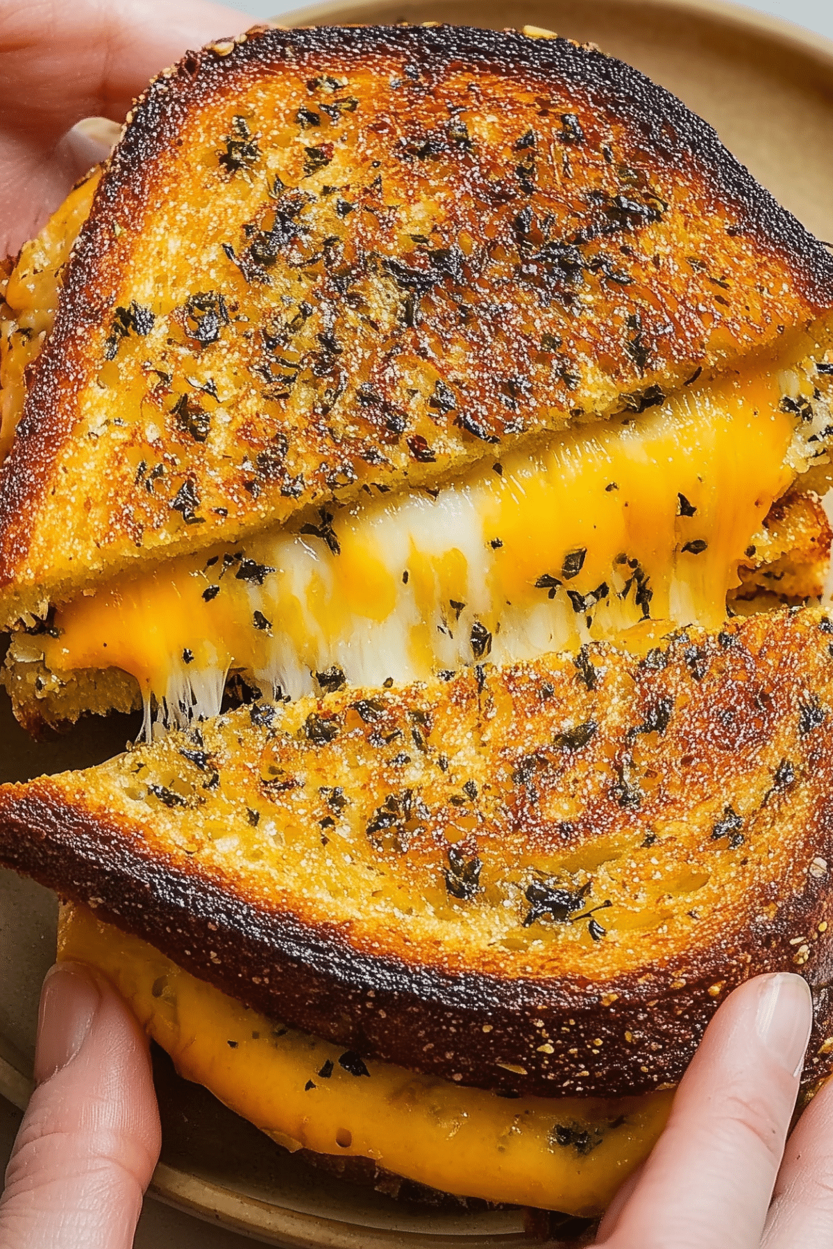 garlic bread grilled cheese sandwich with melted cheese