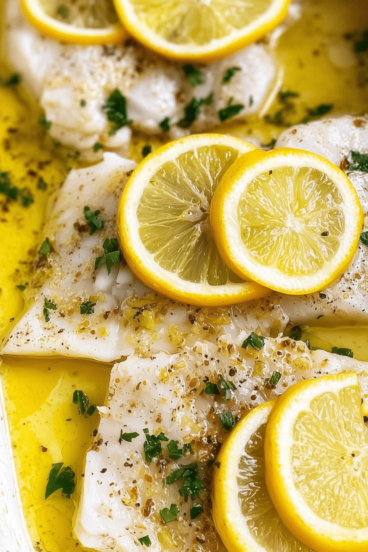 Garlic Butter Lemon Baked Cod served with lemon slices and herbs