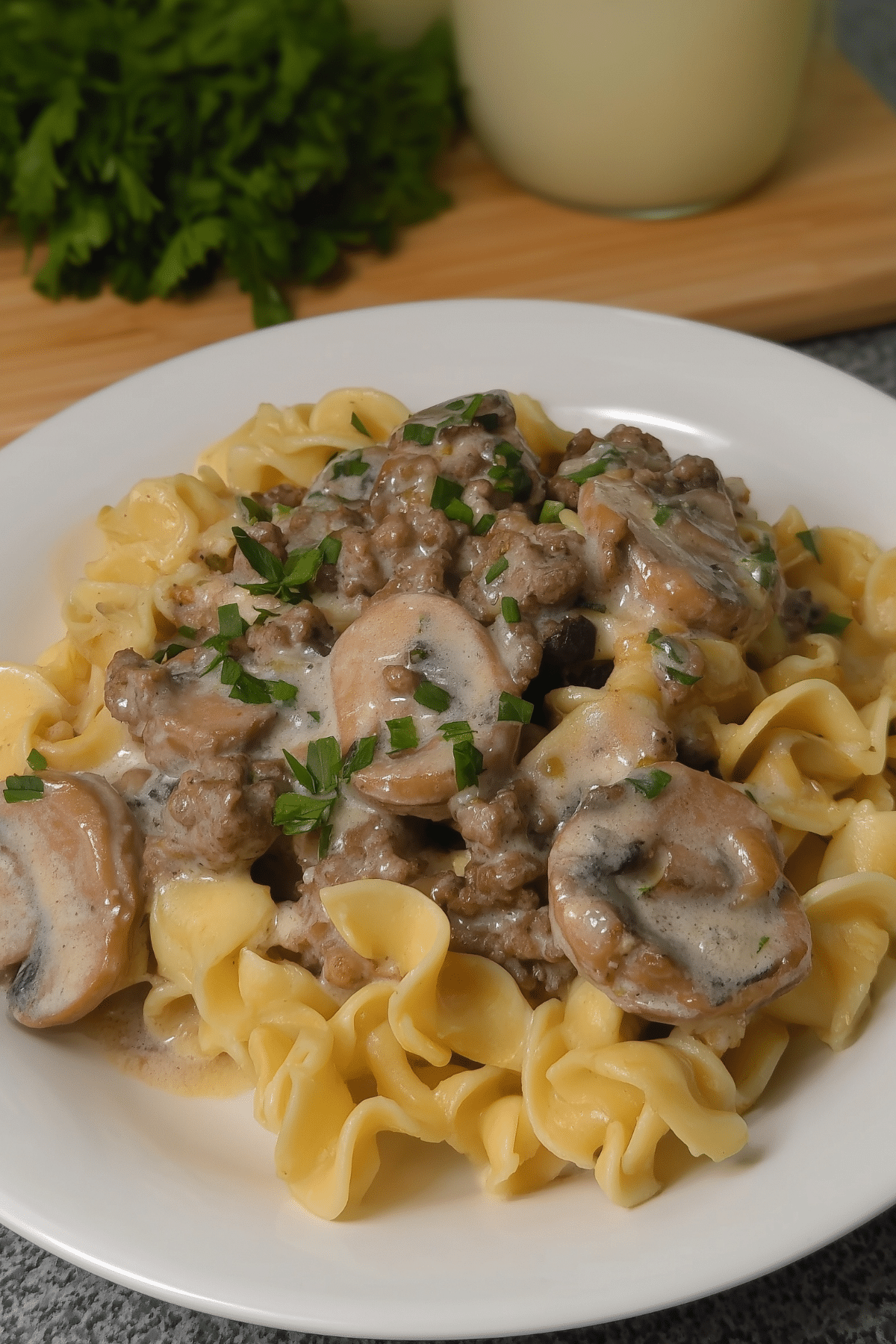 Ground Beef Stroganoff with creamy sauce and egg noodles