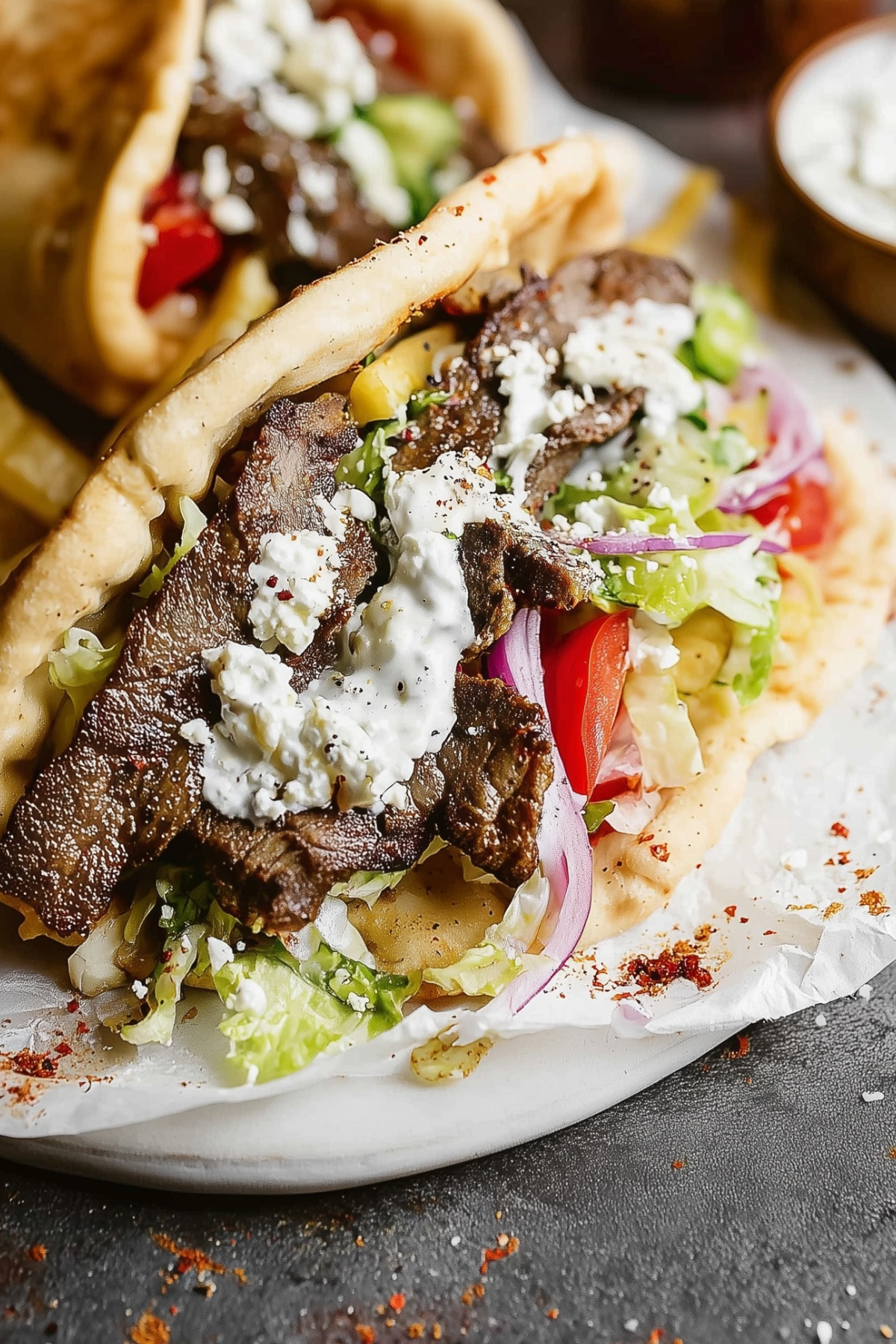 homemade gyros served in pita with tzatziki sauce