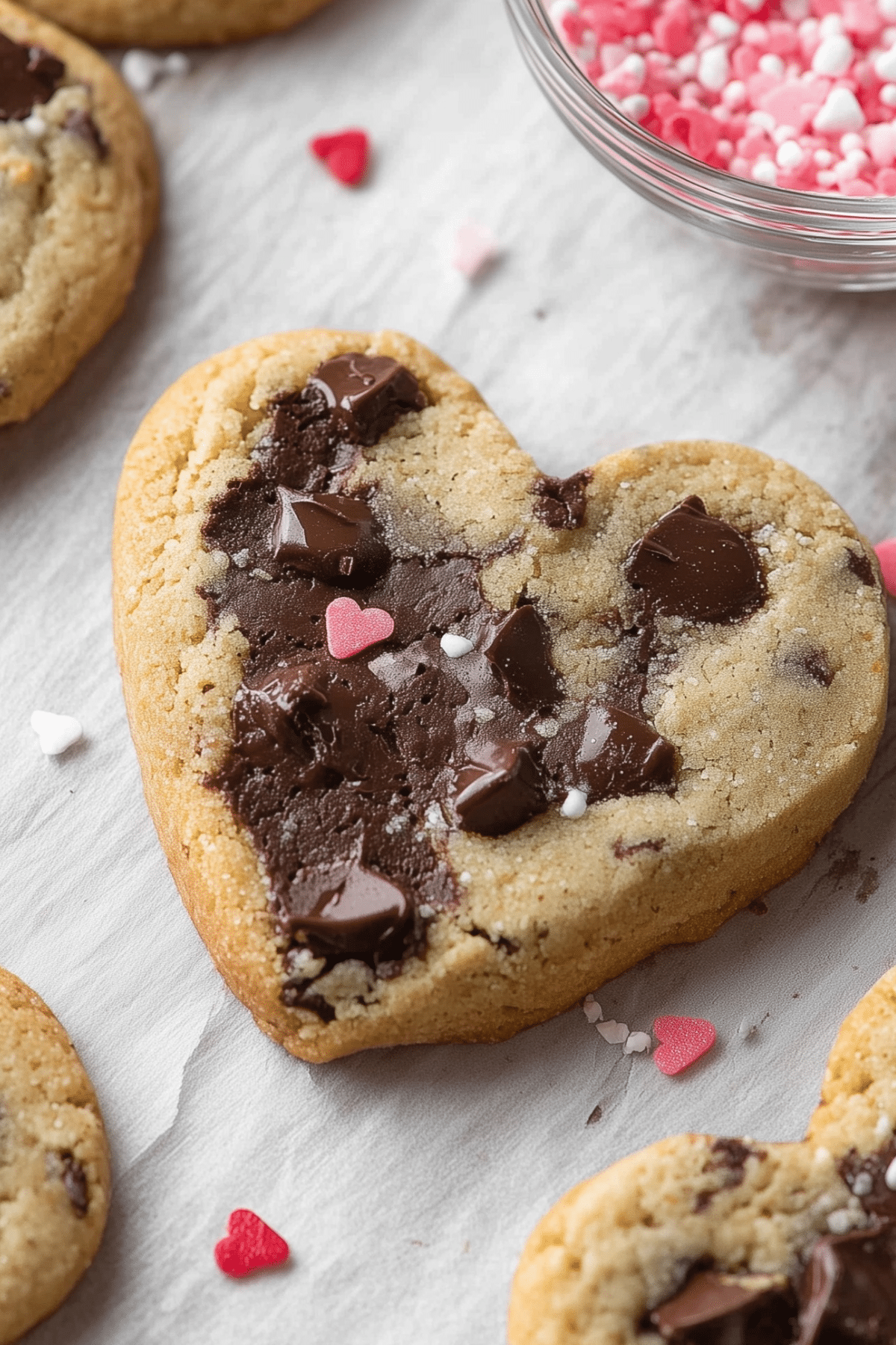 heart shaped chocolate chip cookies on a plate