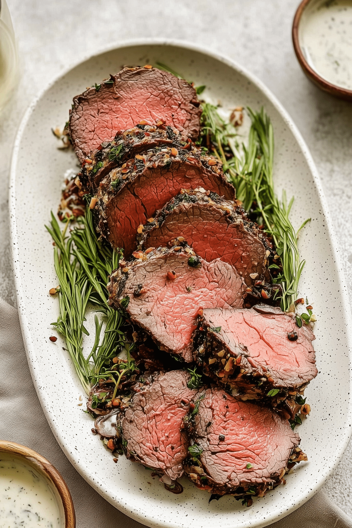 Herb Crusted Beef Tenderloin with aromatic herbs and horseradish sauce
