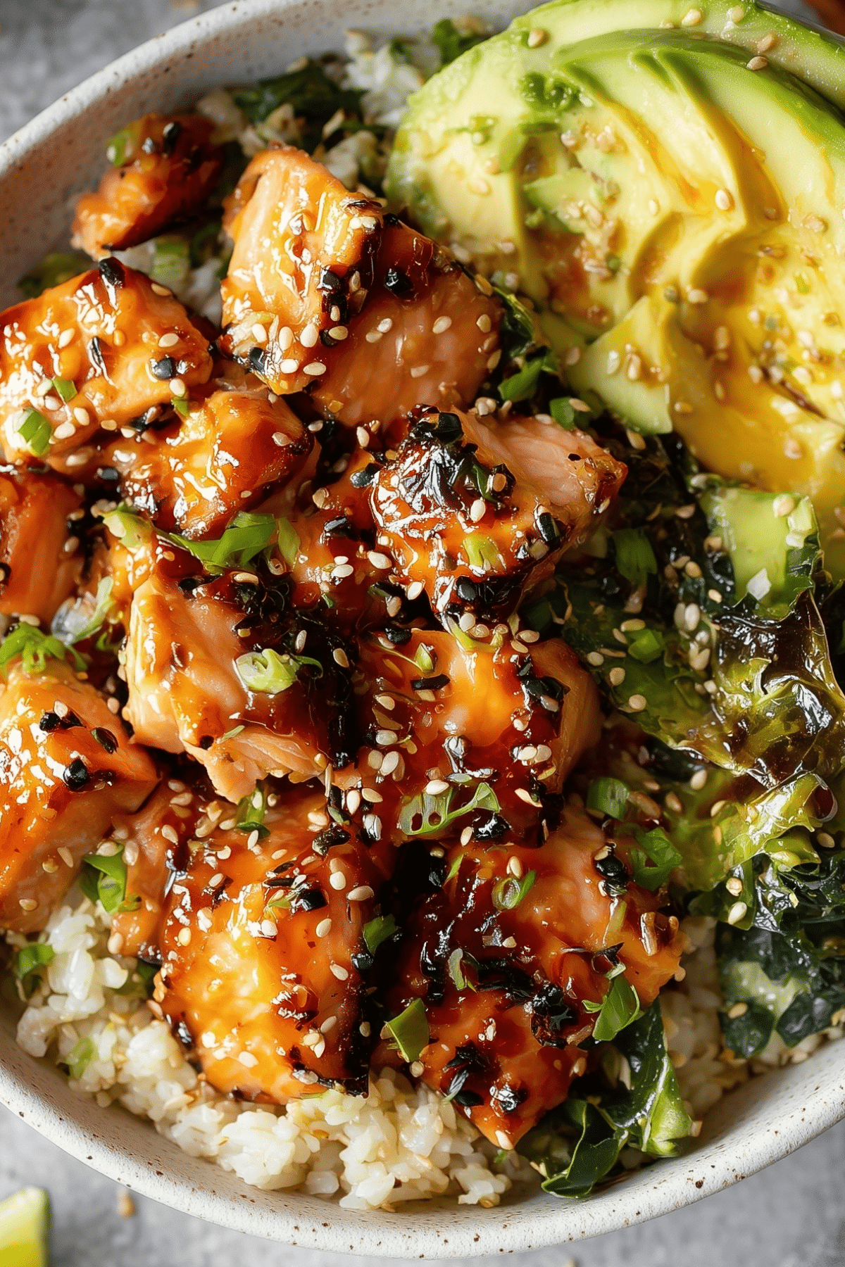 Honey Glazed Salmon Bowl with crispy salmon and fresh veggies