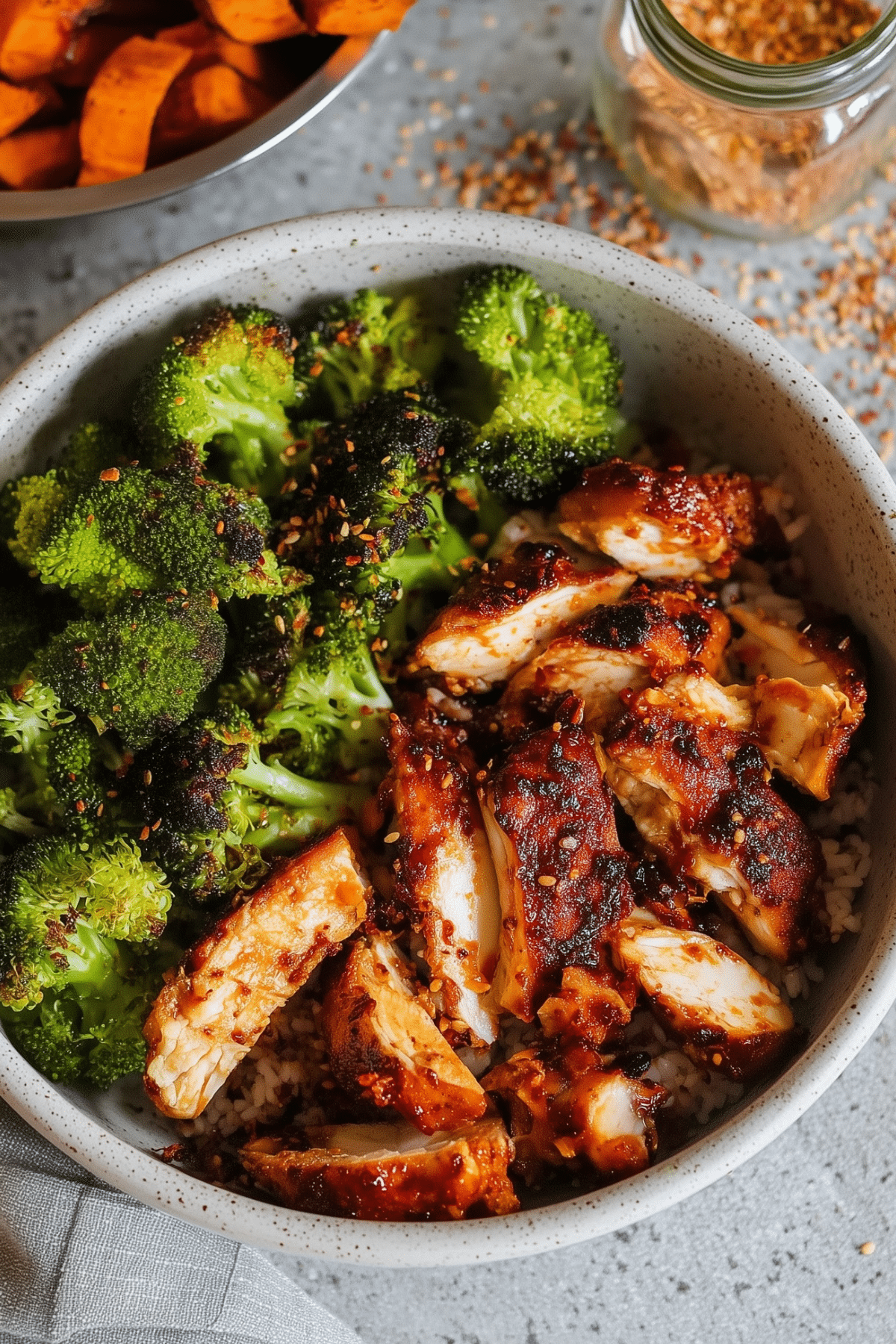 hot honey chicken bowl with roasted sweet potatoes and broccoli