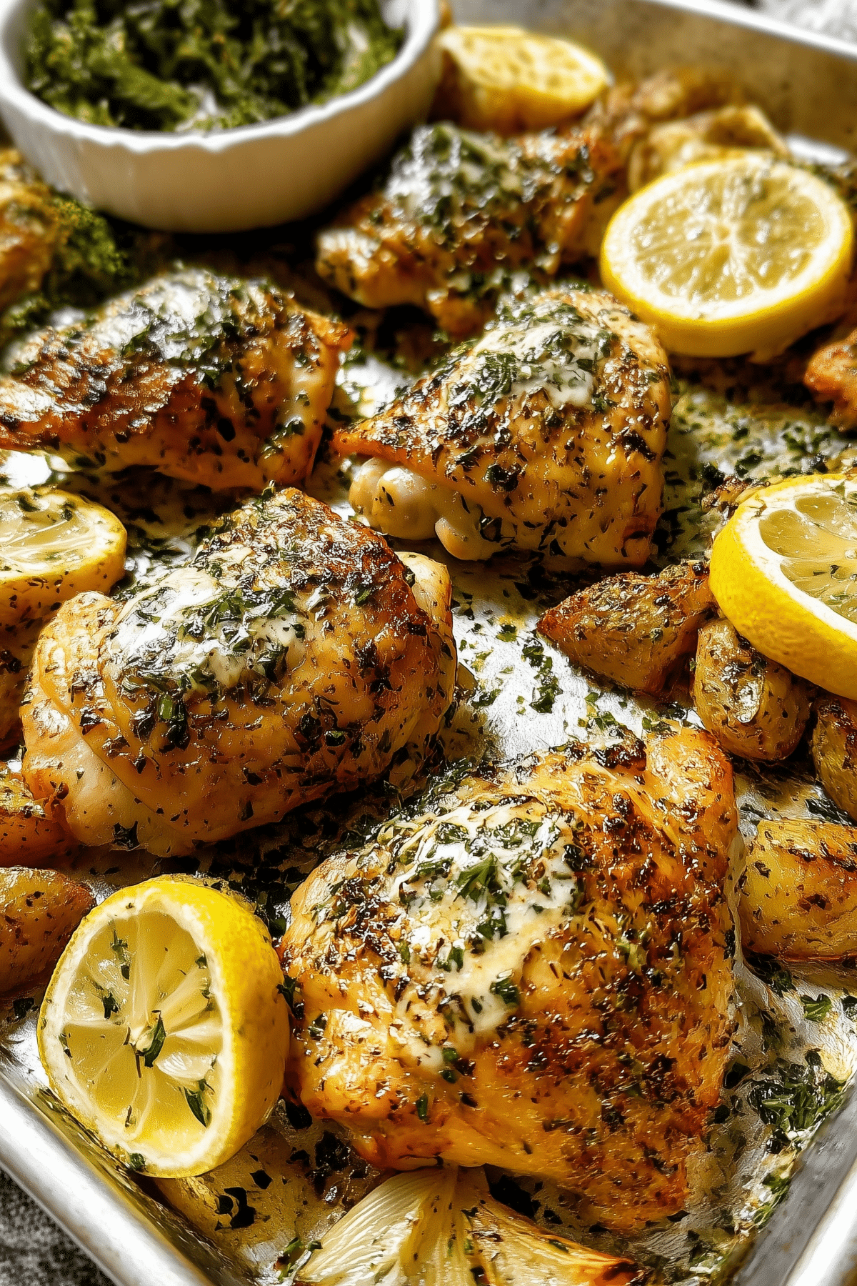 Lemon Garlic Chicken Thighs served with roasted vegetables