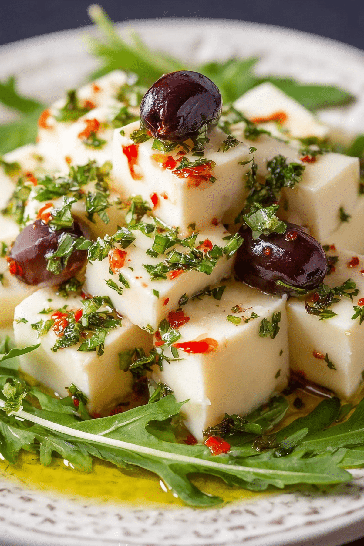 Marinated Cheese Appetizer with Cheddar, Olives, and Herbs