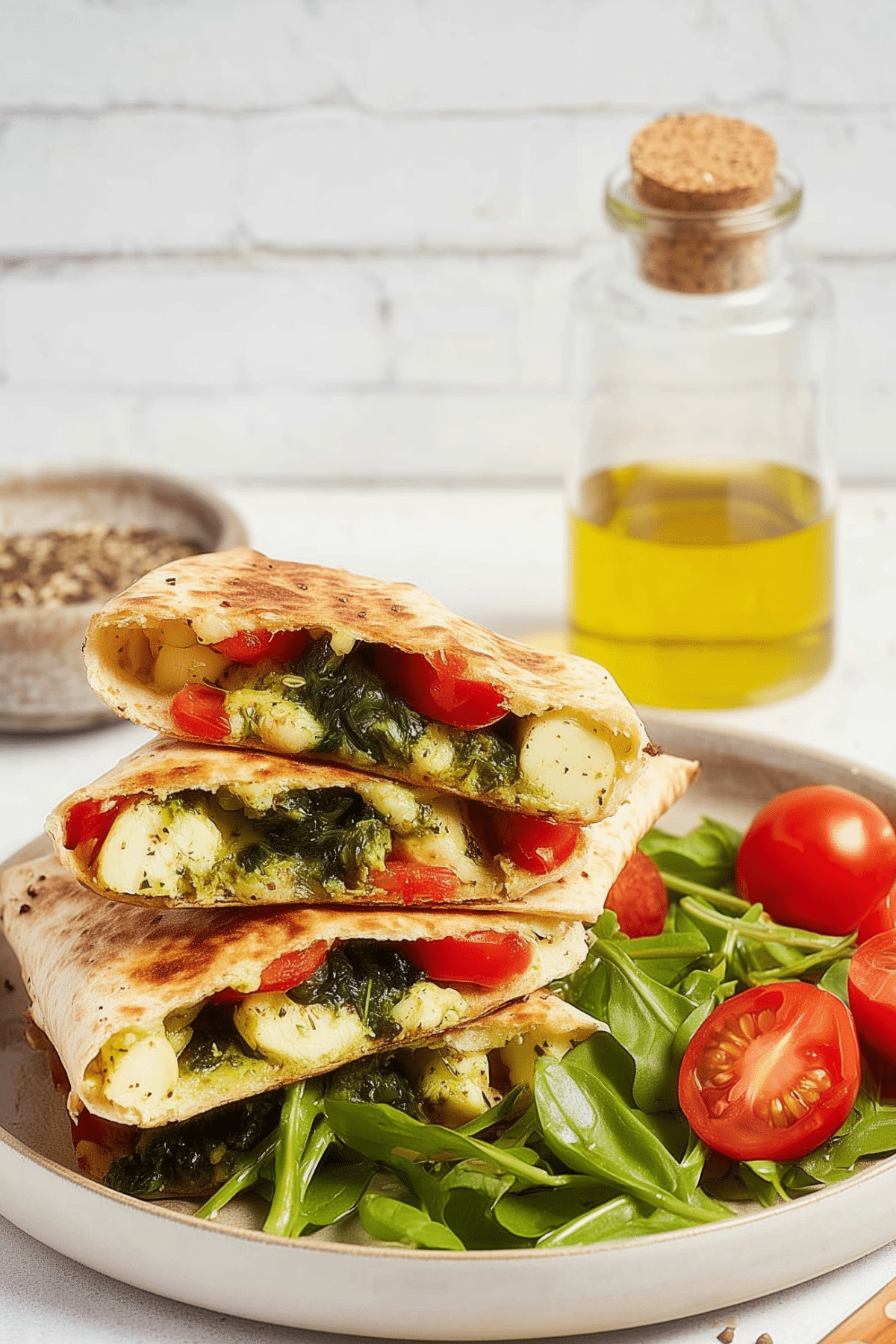 Mediterranean quesadillas made with spinach, feta, mozzarella, and red onion