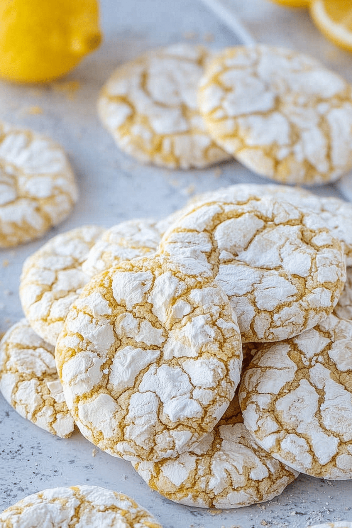 Meyer Lemon Crinkle Cookies with sugar coating and a lemony glaze