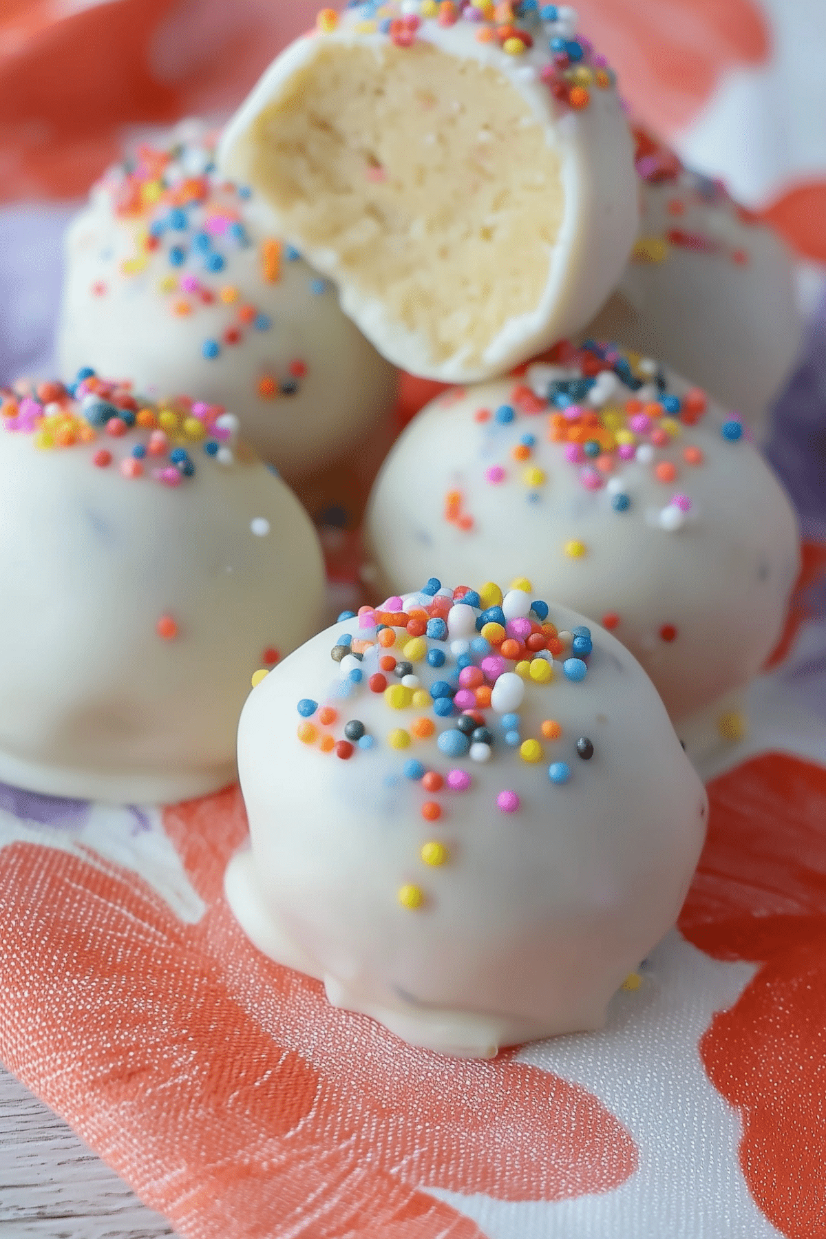 No Bake Cake Batter Truffles with sprinkles and white chocolate coating