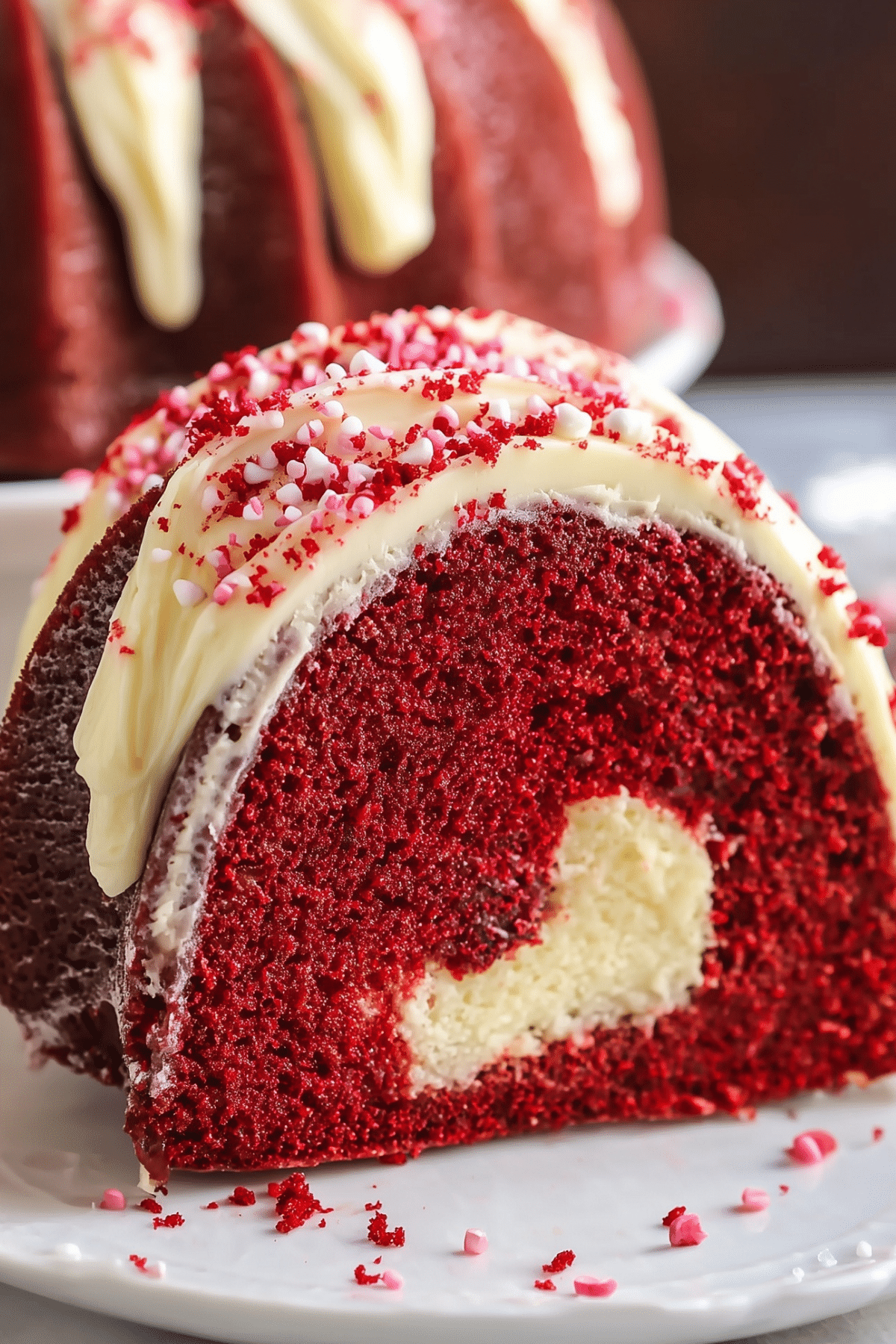 Red Velvet Cream Cheese Bundt Cake served with a rich cream cheese glaze