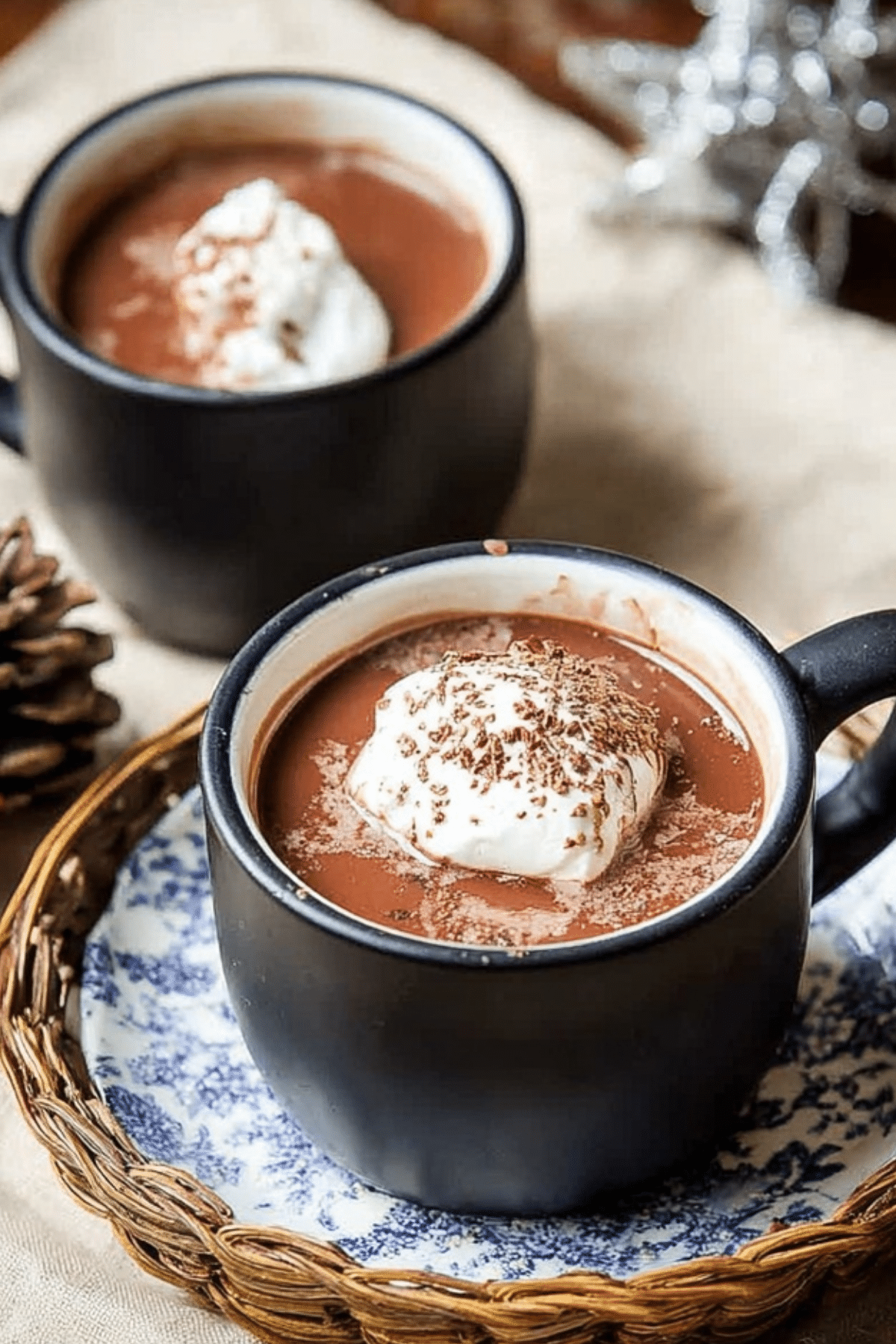 French Hot Chocolate served in mugs with whipped cream and chocolate shavings