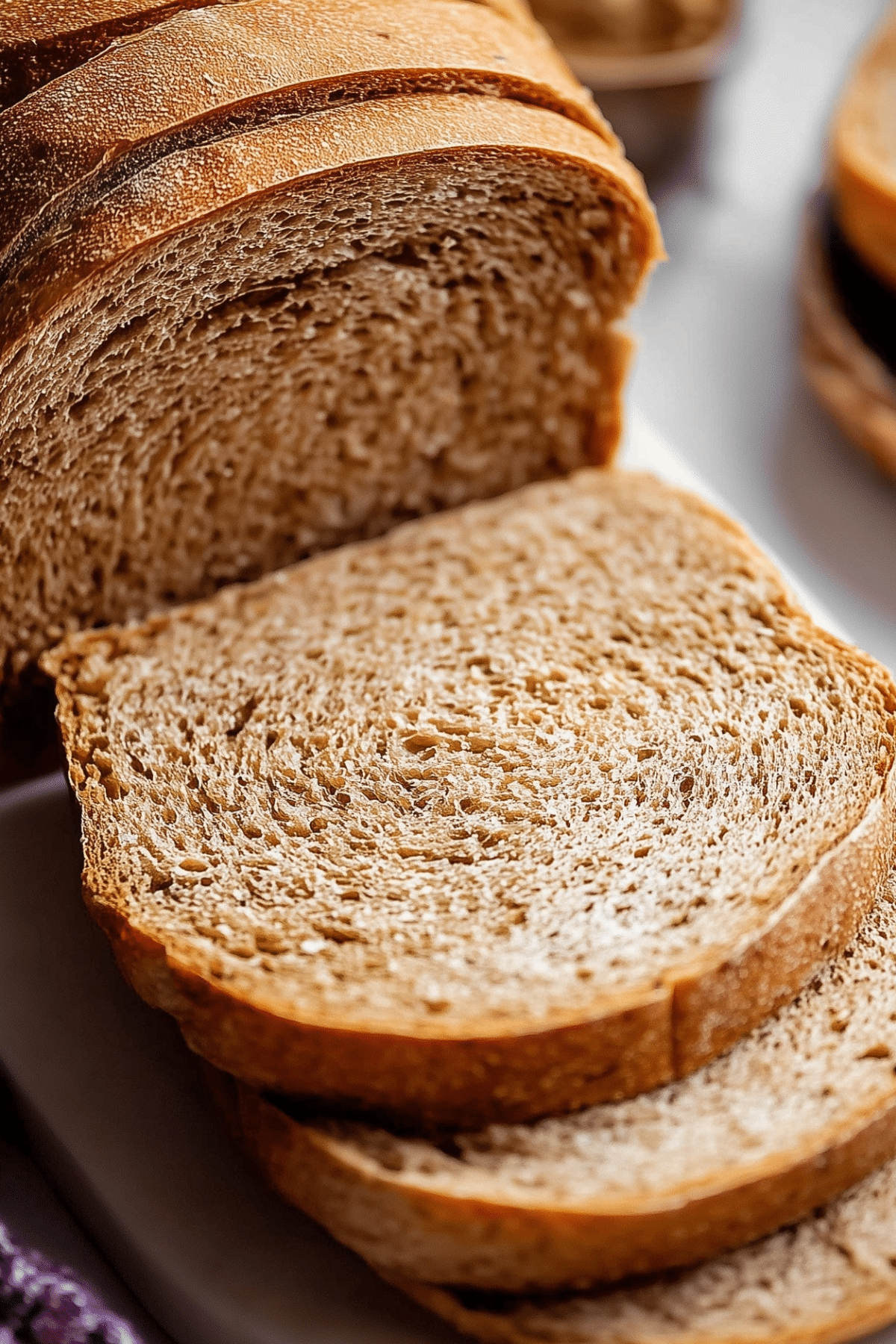 Whole Wheat Bread loaf sliced on a cutting board – soft and homemade