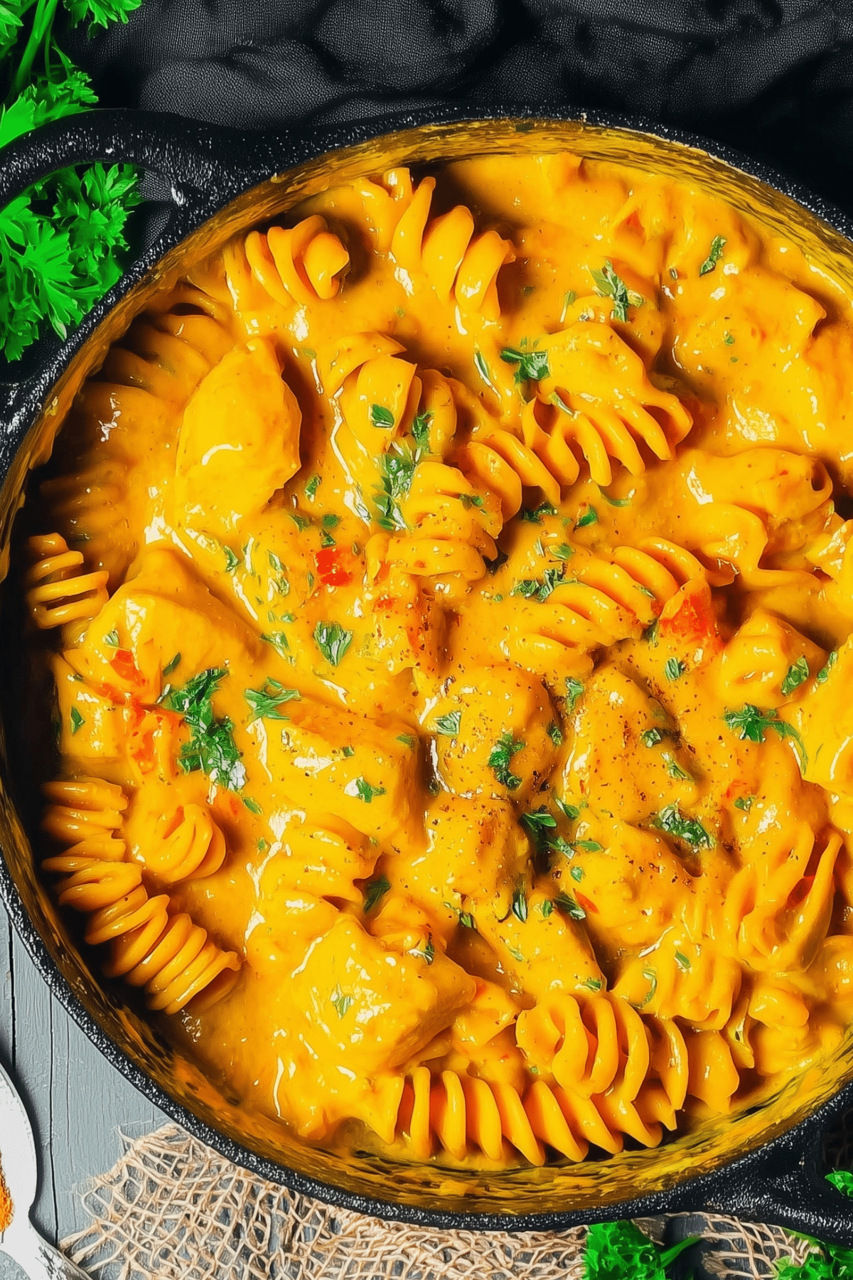 Creamy Tomato Chicken Pasta in a skillet with mozzarella cheese on top