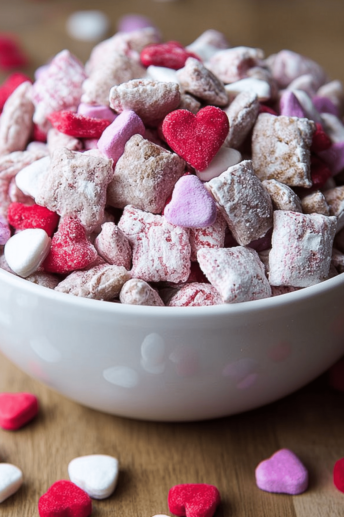 Valentine Puppy Chow with strawberry cake mix and candy melts