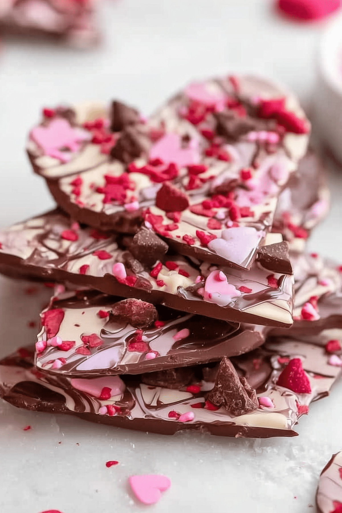 Valentine’s Chocolate Bark swirled with pink and topped with festive sprinkles