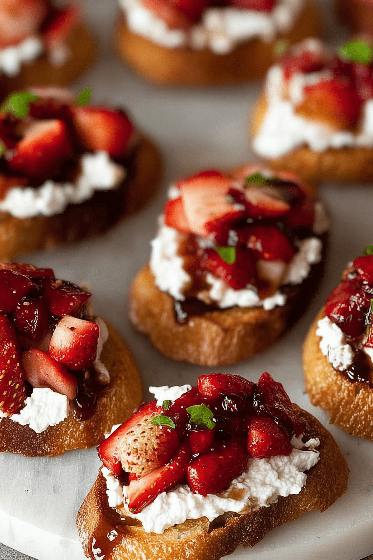 Crostini with Balsamic Strawberries and Ricotta appetizer on toasted baguette
